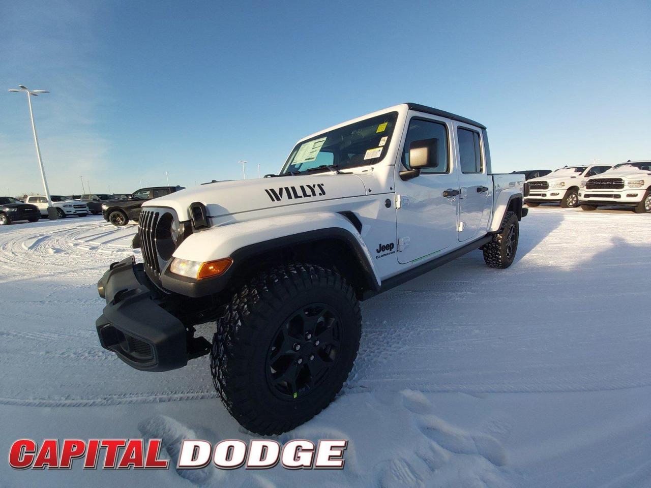 This Jeep Gladiator delivers a Regular Unleaded V-6 3.6 L engine powering this Automatic transmission. TRANSMISSION: 8-SPEED AUTOMATIC -inc: Transmission Skid Plate, Selec-Speed Control, TRAILER TOW PACKAGE -inc: Trailer Hitch Zoom, Class IV Hitch Receiver, Heavy-Duty Engine Cooling, 240-Amp Alternator, TIRES: LT255/75R17C (STD).*This Jeep Gladiator Comes Equipped with These Options *QUICK ORDER PACKAGE 24W WILLYS -inc: Engine: 3.6L Pentastar VVT V6 w/ESS, Transmission: 8-Speed Automatic, Convenience Group, Body-Colour 2-Piece Fender Flares, Universal Garage Door Opener, Daytime Running Lights, Willys, Moulded-In-Colour Bumper w/Gloss Black, Speed-Sensitive Power Locks, Protection Sill Rails, Deep-Tint Sunscreen Windows, 4-Wheel Drive Decal, Black Grille, Remote Proximity Keyless Entry, 7 In-Cluster Colour Display, Willys Hood Decal, Rear Heavy Duty Red Shock Absorbers, Power Windows w/Front 1-Touch Down, Front Heavy Duty Red Shock Absorbers, Power Heated Exterior Mirrors, Premium-Wrapped Steering Wheel, Security Alarm, Power Tailgate Lock, Remote Keyless Entry, Sun Visors w/Illuminated Vanity Mirrors , MOPAR SPRAY-IN BEDLINER, GVWR: 2630 KG (5800 LBS) (STD), ENGINE: 3.6L PENTASTAR VVT V6 W/ESS (STD), CONVENIENCE GROUP -inc: Body-Colour 2-Piece Fender Flares, Universal Garage Door Opener, Daytime Running Lights, COLD WEATHER GROUP -inc: Heated Steering Wheel, Front Heated Seats, Leather-Wrapped Steering Wheel, BRIGHT WHITE, BLACK, CLOTH BUCKET SEATS, BLACK 3-PIECE FREEDOM HARDTOP -inc: Freedom Panel Storage Bag, Rear Window Defroster, Manual Rear Sliding Window, Wheels: 17 x 7.5 Black Aluminum w/Grey Pad.* Why Buy From Us? *Thank you for choosing Capital Dodge as your preferred dealership. We have been helping customers and families here in Ottawa for over 60 years. From our old location on Carling Avenue to our Brand New Dealership here in Kanata, at the Palladium AutoPark. If youre looking for the best price, best selection and best service, please come on in to Capital Dodge and our Friendly Staff will be happy to help you with all of your Driving Needs. You Always Save More at Ottawas Favourite Chrysler Store* Stop By Today *Test drive this must-see, must-drive, must-own beauty today at Capital Dodge Chrysler Jeep, 2500 Palladium Dr Unit 1200, Kanata, ON K2V 1E2.