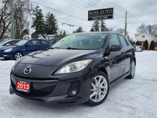 <p><span style=font-family: Segoe UI, sans-serif; font-size: 18px;>VERY SHARP AND SUPER CLEAN BLACK ON BLACK MAZDA3 GRAND TOURING HATCHBACK W/ EXCELLENT MILEAGE, SITTING ON FOUR BRAND NEW ALL-SEASON PERFORMANCE TIRES AND BRAND NEW BRAKES ALL AROUND, EQUIPPED W/ THE VERY FUEL EFFICIENT 4 CYLINDER 2.5L DOHC ENGINE, LOADED W/ LEATHER/HEATED/POWER SEATS, BLUETOOTH CONNECTION, GPS NAVIGATION, BLIND SPORT MONITORING SYSTEM, BOSE PREMIUM SOUND SYSTEM, ALLOY RIMS, KEYLESS/PROXIMITY ENTRY, FOG LIGHTS, POWER MOONROOF, AIR CONDITIONING, CRUISE CONTROL, POWER LOCKS, WINDOWS AND MIRRORS, WARRANTY AND MORE!*** FREE RUST-PROOF PACKAGE FOR A LIMITED TIME ONLY *** This vehicle comes certified with all-in pricing excluding HST tax and licensing. Also included is a complimentary 36 days complete coverage safety and powertrain warranty, and one year limited powertrain warranty. Please visit our website at bossauto.ca today!</span></p>