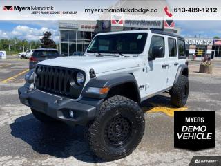 <b>Custom Leather Seats,  Rear Camera,  Bluetooth,  Off-Road Suspension,  Fog Lamps!<br> <br></b><br>  <br> <br>Call 613-489-1212 to speak to our friendly sales staff today, or come by the dealership!<br> <br>  This Jeep Wrangler is the culmination of tireless innovation and extensive testing to built the ultimate off-road SUV! <br> <br>No matter where your next adventure takes you, this Jeep Wrangler is ready for the challenge. With advanced traction and handling capability, sophisticated safety features and ample ground clearance, the Wrangler is designed to climb up and crawl over the toughest terrain. Inside the cabin of this Wrangler offers supportive seats and comes loaded with the technology you expect while staying loyal to the style and design youve come to know and love.<br> <br> This bright white SUV  has an automatic transmission and is powered by a  270HP 2.0L 4 Cylinder Engine.<br> <br> Our Wranglers trim level is Sport. This Wrangler Sport is exactly what you want from an off-roading machine with skid plates, tow hooks, a sport bar, Dana axles, and a shift-on-the-fly transfer case. Uconnect with Bluetooth communication and streaming allows for fun drives on the way to the trail, while aluminum wheels make sure you do it in style. A rearview camera and fog lamps help you stay safe. This vehicle has been upgraded with the following features: Aluminum Wheels,  Rear Camera,  Bluetooth,  Off-road Suspension,  Fog Lamps, Air, Tilt.  This is a demonstrator vehicle driven by a member of our staff, so we can offer a great deal on it.<br><br> View the original window sticker for this vehicle with this url <b><a href=http://www.chrysler.com/hostd/windowsticker/getWindowStickerPdf.do?vin=1C4HJXDN1PW522416 target=_blank>http://www.chrysler.com/hostd/windowsticker/getWindowStickerPdf.do?vin=1C4HJXDN1PW522416</a></b>.<br> <br>To apply right now for financing use this link : <a href=https://CreditOnline.dealertrack.ca/Web/Default.aspx?Token=3206df1a-492e-4453-9f18-918b5245c510&Lang=en target=_blank>https://CreditOnline.dealertrack.ca/Web/Default.aspx?Token=3206df1a-492e-4453-9f18-918b5245c510&Lang=en</a><br><br> <br/> Weve discounted this vehicle $5999. Total  cash rebate of $3437 is reflected in the price. Credit includes up to 5% MSRP.  6.49% financing for 96 months. <br> Buy this vehicle now for the lowest weekly payment of <b>$190.26</b> with $0 down for 96 months @ 6.49% APR O.A.C. ( Plus applicable taxes -  $1199  fees included in price    ).  Incentives expire 2024-07-02.  See dealer for details. <br> <br>If youre looking for a Dodge, Ram, Jeep, and Chrysler dealership in Ottawa that always goes above and beyond for you, visit Myers Manotick Dodge today! Were more than just great cars. We provide the kind of world-class Dodge service experience near Kanata that will make you a Myers customer for life. And with fabulous perks like extended service hours, our 30-day tire price guarantee, the Myers No Charge Engine/Transmission for Life program, and complimentary shuttle service, its no wonder were a top choice for drivers everywhere. Get more with Myers!<br> Come by and check out our fleet of 40+ used cars and trucks and 100+ new cars and trucks for sale in Manotick.  o~o