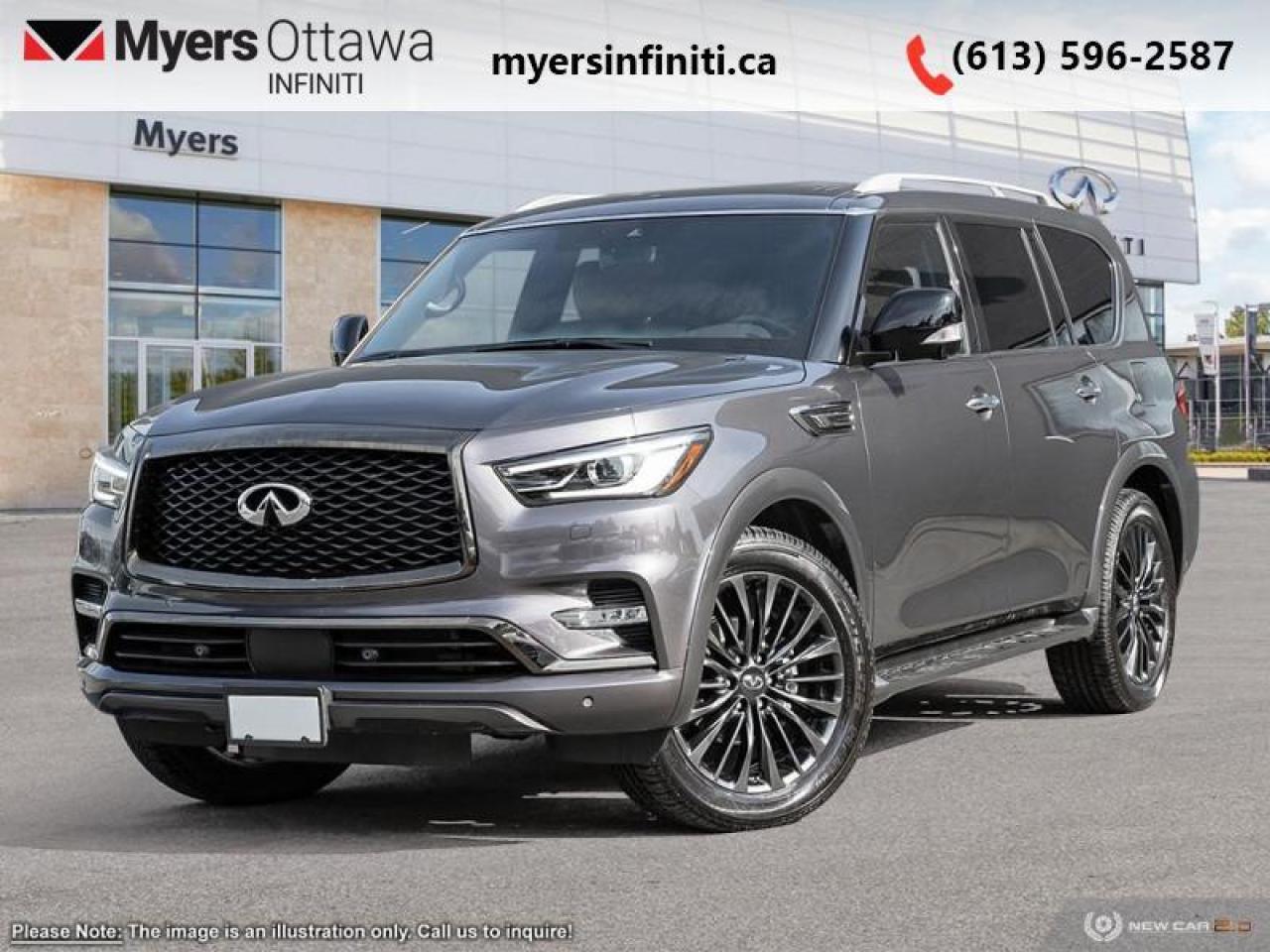 <b>Sunroof,  Leather Seats,  Cooled Seats,  Navigation,  Heated Seats!</b><br> <br> <br> <br>  This engineering masterpiece known as the QX80 exudes luxury from every angle. <br> <br>Embrace luxury grand enough to accommodate all the experiences you seek, and powerful enough to amplify them. This Infiniti QX80 unleashes your potential with capability that few can rival, extensive rewards that fill your journey, and presence that none can match. This full-size luxury SUV is not larger than life, its as large as the life you want.<br> <br> This anthracite gray SUV  has an automatic transmission and is powered by a  400HP 5.6L 8 Cylinder Engine.<br> <br> Our QX80s trim level is ProACTIVE 7-Passenger. This ProACTIVE trim adds the active safety suite complete with distance pacing cruise with stop and go, blind spot intervention, and lane keep assist. Plush, climate controlled leather seats and a gorgeous sunroof offer the promise of luxury and comfort in this QX80, witha towing package, skid plate, auto leveling suspension, and serious power offering remarkable SUV strength and utility. Navigation, Bose premium audio, wireless Android Auto, and Apple CarPlay offer endless connectivity while a rear seat entertainment system makes sure all passengers are free from boredom. A power folding third row, power liftgate, remote start, memory settings, proximity keys, and a heated steering wheel offer comfort and convenience while parking sensors, emergency braking, and an aerial view camera help you stay safe. This vehicle has been upgraded with the following features: Sunroof,  Leather Seats,  Cooled Seats,  Navigation,  Heated Seats,  Memory Seats,  Premium Audio. <br><br> <br>To apply right now for financing use this link : <a href=https://www.myersinfiniti.ca/finance/ target=_blank>https://www.myersinfiniti.ca/finance/</a><br><br> <br/> Total  cash rebate of $6000 is reflected in the price. Rebate is not combinable with subvented rate  Incentives expire 2024-01-02.  See dealer for details. <br> <br><br> Come by and check out our fleet of 30+ used cars and trucks and 110+ new cars and trucks for sale in Ottawa.  o~o
