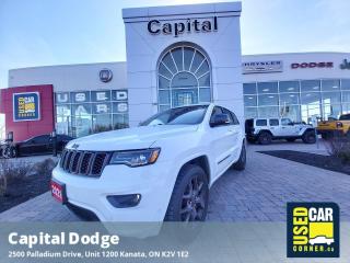 Calling all enthusiasts for this sexy and dynamic 2021 Jeep Grand Cherokee 80th Anniversary Edition. Take pleasure in the silky smooth shifting from the Automatic transmission paired with this high output Regular Unleaded V-6 3.6 L engine. Delivering a breathtaking amount of torque, this vehicle needs a serious driver! It comes equipped with these options: TRANSMISSION: 8-SPEED TORQUEFLITE AUTOMATIC (STD), TRAILER TOW GROUP IV -inc: Rear Load-Levelling Suspension, Full-Size Spare Tire, 4 & 7-Pin Wiring Harness, Heavy-Duty Engine Cooling, Class IV Hitch Receiver, Delete Rear Tow Hook, Steel Spare Wheel, QUICK ORDER PACKAGE 2BK 80TH ANNIVERSARY EDITION -inc: Engine: 3.6L Pentastar VVT V6 w/ESS, Transmission: 8-Speed TorqueFlite Automatic, Accent/Body Colour Front Fascia, Parallel & Perpendicular Park Assist, Rain-Sensing Windshield Wipers, Granite Crystal Exterior Badging, Body-Colour Door Handles, Rear Accent/Body Colour Fascia, Body Colour Shark Fin Antenna, Black Roof Moulding, Dark Finish Headlamp Bezel, Body-Colour Claddings, Granite Crystal Mirror Caps, 80th Anniversary Badge, Berber Floor Mats w/80th Anniversary Tag, Advanced Brake Assist, 80th Anniversary Edition, Forward Collision Warning w/Active Braking, Granite Crystal/Black Grille, Delete Limited Badge, Light Tungsten Accent Stitching, Dark Day Light Opening Mouldings, Piano Black/Anodize Gunmetal Interior Accents, Adaptive Cruise Control w/Stop, Dark Lens Taillamps, Granite Crystal Exterior Accents, Lane Departure Warn/Lane Keep Assist, PREMIUM LIGHTING GROUP -inc: Bi-Xenon HID Headlamps, LED Daytime Running Lights, Automatic High-Beam Headlamp Control, LED Fog Lamps, ENGINE: 3.6L PENTASTAR VVT V6 W/ESS (STD), BRIGHT WHITE, BLACK, LEATHER FACED BUCKET SEATS, 9 ALPINE SPEAKERS W/SUBWOOFER -inc: 506 Watt Amplifier, 80TH ANNIVERSARY LUXURY GROUP -inc: Power Tilt/Telescoping Steering Column, 9 Alpine Speakers w/Subwoofer, 506 Watt Amplifier, Active Noise Control System, Heated 2nd Row Seats, CommandView Dual-Pane Sunroof, Ventilated Front Seats, and Wheels: 20 x 8.0 Granite Crystal Aluminum. Pick up your friends and hit the road in this spirited and whimsical Jeep Grand Cherokee. Come in for a quick visit at Capital Dodge Chrysler Jeep, 2500 Palladium Dr Unit 1200, Kanata, ON K2V 1E2 to claim your Jeep Grand Cherokee!