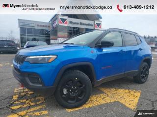 <b>Off-Road Package,  Power Liftgate,  Blind Spot Detection,  Leather Seats,  4G Wi-Fi!</b><br> <br> <br> <br>Call 613-489-1212 to speak to our friendly sales staff today, or come by the dealership!<br> <br>  With outstanding off-road capability augmented by refined on-road manners, this 2023 Jeep Compass offers the best of both worlds. <br> <br>Keeping with quintessential Jeep engineering, this 2023 Compass sports a striking exterior design, with an extremely refined interior, loaded with the latest and greatest safety, infotainment and convenience technology. This SUV also has the off-road prowess to booth, with rugged build quality and great reliability to ensure that you get to your destination and back, as many times as you want. <br> <br> This hydro blue prl SUV  has an automatic transmission and is powered by a  200HP 2.0L 4 Cylinder Engine.<br> <br> Our Compasss trim level is Trailhawk. This rugged Compass Trailhawk comes prepped with a comprehensive off-road package that includes beefy suspension, 4 skid plates for undercarriage protection and black aluminum wheels with a full-size under-cargo mounted spare, along with front fog lamps, LED headlights with automatic high beams and cornering function, roof rack rails, and front and rear bumper tow hooks. The standard features continue with heated and power-adjustable front seats with driver lumbar support, a heated steering wheel, cloth/leather seating upholstery, remote engine start, proximity keyless entry, dual-zone front automatic air conditioning, and a 10.1-inch infotainment screen with Apple CarPlay and Android Auto. Safety features also include blind spot detection, forward collision warning with active braking and rear cross-path detection, lane keeping assist with lane departure warning, rear parking sensors, and a rearview camera. This vehicle has been upgraded with the following features: Off-road Package,  Power Liftgate,  Blind Spot Detection,  Leather Seats,  4g Wi-fi,  Heated Steering Wheel,  Remote Start. <br><br> View the original window sticker for this vehicle with this url <b><a href=http://www.chrysler.com/hostd/windowsticker/getWindowStickerPdf.do?vin=3C4NJDDN9PT506911 target=_blank>http://www.chrysler.com/hostd/windowsticker/getWindowStickerPdf.do?vin=3C4NJDDN9PT506911</a></b>.<br> <br>To apply right now for financing use this link : <a href=https://CreditOnline.dealertrack.ca/Web/Default.aspx?Token=3206df1a-492e-4453-9f18-918b5245c510&Lang=en target=_blank>https://CreditOnline.dealertrack.ca/Web/Default.aspx?Token=3206df1a-492e-4453-9f18-918b5245c510&Lang=en</a><br><br> <br/> Total  cash rebate of $2572 is reflected in the price. Credit includes up to 5% of MSRP.  6.49% financing for 96 months. <br> Buy this vehicle now for the lowest weekly payment of <b>$158.08</b> with $0 down for 96 months @ 6.49% APR O.A.C. ( Plus applicable taxes -  $1199  fees included in price    ).  Incentives expire 2024-04-30.  See dealer for details. <br> <br>If youre looking for a Dodge, Ram, Jeep, and Chrysler dealership in Ottawa that always goes above and beyond for you, visit Myers Manotick Dodge today! Were more than just great cars. We provide the kind of world-class Dodge service experience near Kanata that will make you a Myers customer for life. And with fabulous perks like extended service hours, our 30-day tire price guarantee, the Myers No Charge Engine/Transmission for Life program, and complimentary shuttle service, its no wonder were a top choice for drivers everywhere. Get more with Myers!<br> Come by and check out our fleet of 50+ used cars and trucks and 120+ new cars and trucks for sale in Manotick.  o~o