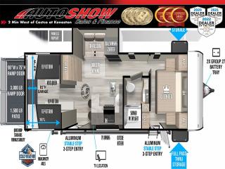 <strong>*** MSRP $82,332.00 *** REVOLUTIONARY NEW FLOORPLAN! HYBRID TOY HAULER, BUNKHOUSE, COUPLES CAMPER!! *** PARTY DECK PATIO + OUTDOOR KITCHEN + SLEEPING FOR EIGHT!!! *** </strong>NOW NEW for 2023 available for pre-order, the VC Versatile Cargo Travel Tailers are a revolutionary floorplan design, that create a functional toy hauler-style garage space to carry your bikes, kayaks, paddleboards, powersports, or anything else demanding the extra space.  While simultaneously offering a full bunkroom (or living room for couples) without sacrifice!  Simply fold the bunks down, and your garage converts to a functional private bedroom.  Prefer an entertaining space?  Flip the beds into sofas.  Entertaining at the next level?  Drop the garage door to its mid-height, it becomes a party deck patio... Yep you read that right, this toy hauler aka bunkhouse aka couples coach, comes complete with a full-width patio party deck.  Now THIS is camping!!  Fire up the outdoor kitchen, turn on the tunes, and enjoy the great outdoors on your own terms.<br /><br />Need more reasons to consider a VC?  This 275 just so happens to be their MAX PLATINUM model.  Fibreglass exterior......50 Amp electrical service......Max Air Conditioning (15k upgraded from 13.5)......Max Cold Weather Package (12V Heated Tank Pads on all Three Tanks)......Max Insulation (blown fibreglass with R38 radiant foil)......High capacity rear axles......200W Extended Power Solar Package......Residential-size fridge & freezer......Private master bedroom w/ double wardrobes......U-shaped kitchen, loads of counter space for food, drinks, playing games......Separate pantry dry storage......Two more closets for extra gear, linens, towels......Full pass-through basement storage......Enclosed underbelly......This isnt an evolution, its a revolution!  Not to be missed, brand new design to the industry, literally the best of every floorplan in one package.  Do yourself a solid, and treat your friends and family to the VC experience!<br /><br /><br />Will accept trades. Please call (204)560-6287 or View at 3165 McGillivray Blvd. (Conveniently located two minutes West from Costco at corner of Kenaston and McGillivray Blvd.)<br /><br />In addition to this please view our complete inventory of used <a href=\https://www.autoshowwinnipeg.com/used-trucks-winnipeg/\>trucks</a>, used <a href=\https://www.autoshowwinnipeg.com/used-cars-winnipeg/\>SUVs</a>, used <a href=\https://www.autoshowwinnipeg.com/used-cars-winnipeg/\>Vans</a>, used <a href=\https://www.autoshowwinnipeg.com/new-used-rvs-winnipeg/\>RVs</a>, and used <a href=\https://www.autoshowwinnipeg.com/used-cars-winnipeg/\>Cars</a> in Winnipeg on our website: <a href=\https://www.autoshowwinnipeg.com/\>WWW.AUTOSHOWWINNIPEG.COM</a><br /><br />Complete comprehensive warranty is available for this vehicle. Please ask for warranty option details. All advertised prices and payments plus taxes (where applicable).<br /><br />Winnipeg, MB - Manitoba Dealer Permit # 4908