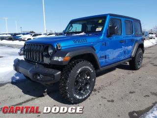 This Jeep Wrangler delivers a Gas engine powering this Automatic transmission. WHEELS: 17 X 7.5 BLACK ALUMINUM (STD), TRANSMISSION: 8-SPEED TORQUEFLITE AUTO -inc: Dana M200 Rear Axle, Selec-Speed Control, TIRES: LT255/75R17C (STD).* This Jeep Wrangler Features the Following Options *QUICK ORDER PACKAGE 25W WILLYS -inc: Engine: 3.6L Pentastar VVT V6 w/eTorque, Transmission: 8-Speed TorqueFlite Auto, Willys, Moulded-In-Colour Bumper w/Gloss Black, Speed-Sensitive Power Locks, Deep Tint Sunscreen Windows, Front License Plate Bracket, 4-Wheel Drive Swing Gate Decal, Black Grille, Willys Hood Decal, Rock Protection Sill Rails, Power Windows w/Front 1-Touch Down, Power Heated Exterior Mirrors, Premium-Wrapped Steering Wheel, Security Alarm, Remote Keyless Entry, Sun Visors w/Illuminated Vanity Mirrors, LED Fog Lamps, LED Reflector Headlamps, Moulded-In-Colour Fender Flares , TECHNOLOGY GROUP -inc: Dual-Zone A/C w/Automatic Temperature Control, 7 Full-Colour Driver Info Display, Remote Proximity Keyless Entry, SiriusXM Satellite Radio, Air Filtering, RADIO: UCONNECT 4C NAV W/8.4 DISPLAY, LED HEADLAMP & FOG LAMP GROUP -inc: LED Fog Lamps, LED Reflector Headlamps, Moulded-In-Colour Fender Flares, HYDRO BLUE PEARL, GVWR: 2,476 KGS (5,460 LBS), ENGINE: 3.6L PENTASTAR VVT V6 W/ETORQUE -inc: 600 Amp Maintenance Free Battery, 48-Volt Belt Starter Generator, GVWR: 2,476 kgs (5,460 lbs), Delete Alternator, CONVENIENCE GROUP -inc: Universal Garage Door Opener, COLD WEATHER GROUP -inc: Heated Steering Wheel, Front Heated Seats, BLACK, CLOTH BUCKET SEATS.* Why Buy From Us? *Thank you for choosing Capital Dodge as your preferred dealership. We have been helping customers and families here in Ottawa for over 60 years. From our old location on Carling Avenue to our Brand New Dealership here in Kanata, at the Palladium AutoPark. If youre looking for the best price, best selection and best service, please come on in to Capital Dodge and our Friendly Staff will be happy to help you with all of your Driving Needs. You Always Save More at Ottawas Favourite Chrysler Store* Stop By Today *Come in for a quick visit at Capital Dodge Chrysler Jeep, 2500 Palladium Dr Unit 1200, Kanata, ON K2V 1E2 to claim your Jeep Wrangler!