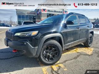 <b>Off-Road Package,  Cooled Seats,  Leather Seats,  Heated Steering Wheel,  Remote Start!</b><br> <br> <br> <br>Call 613-489-1212 to speak to our friendly sales staff today, or come by the dealership!<br> <br>  Refined and extremely capable, theres very little on the list of what this SUV cannot do. <br> <br>With an exceptionally smooth ride and an award-winning interior, this Jeep Cherokee can take you anywhere in comfort and style. This Cherokee has a refined look without sacrificing its rugged presence. Experience the freedom of adventure and discover new territories with the unique and authentically crafted Jeep Cherokee. <br> <br> This diamond black crystal pearl SUV  has an automatic transmission and is powered by a  270HP 2.0L 4 Cylinder Engine.<br> <br> Our Cherokees trim level is Trailhawk. Built to take on the great outdoors, this rugged Cherokee Trailhawk features a comprehensive off-roading package that includes beefy suspension, a rear locking differential, 5 skid plates for undercarriage protection, black aluminum wheels with a full-size under-mounted spare, front and rear tow hooks, and tow equipment including trailer sway control.  Additional standard features include ventilated and heated seats with premium leather upholstery, power adjustment and lumbar support, a heated leatherette-wrapped steering wheel, deluxe sound insulation, adaptive cruise control, dual-zone front automatic air conditioning, a power liftgate for rear cargo access, and an 8.4-inch infotainment screen powered by Uconnect 4C, with smartphone integration and LTE mobile internet hotspot access. Safety features include blind spot detection, lane keeping assist with lane departure warning, front and rear collision mitigation, forward collision warning with active braking, automated parking sensors, and a rearview camera. This vehicle has been upgraded with the following features: Off-road Package,  Cooled Seats,  Leather Seats,  Heated Steering Wheel,  Remote Start,  4g Wi-fi,  Adaptive Cruise Control. <br><br> View the original window sticker for this vehicle with this url <b><a href=http://www.chrysler.com/hostd/windowsticker/getWindowStickerPdf.do?vin=1C4PJMBN0PD112117 target=_blank>http://www.chrysler.com/hostd/windowsticker/getWindowStickerPdf.do?vin=1C4PJMBN0PD112117</a></b>.<br> <br>To apply right now for financing use this link : <a href=https://CreditOnline.dealertrack.ca/Web/Default.aspx?Token=3206df1a-492e-4453-9f18-918b5245c510&Lang=en target=_blank>https://CreditOnline.dealertrack.ca/Web/Default.aspx?Token=3206df1a-492e-4453-9f18-918b5245c510&Lang=en</a><br><br> <br/> Weve discounted this vehicle $1900.    6.49% financing for 96 months. <br> Buy this vehicle now for the lowest weekly payment of <b>$179.42</b> with $0 down for 96 months @ 6.49% APR O.A.C. ( Plus applicable taxes -  $1199  fees included in price    ).  Incentives expire 2024-07-02.  See dealer for details. <br> <br>If youre looking for a Dodge, Ram, Jeep, and Chrysler dealership in Ottawa that always goes above and beyond for you, visit Myers Manotick Dodge today! Were more than just great cars. We provide the kind of world-class Dodge service experience near Kanata that will make you a Myers customer for life. And with fabulous perks like extended service hours, our 30-day tire price guarantee, the Myers No Charge Engine/Transmission for Life program, and complimentary shuttle service, its no wonder were a top choice for drivers everywhere. Get more with Myers!<br> Come by and check out our fleet of 40+ used cars and trucks and 100+ new cars and trucks for sale in Manotick.  o~o