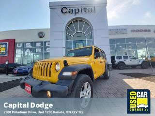 Drivers only for this stunning and dynamic 2019 Jeep Wrangler Unlimited Sport. Savor buttery smooth shifting from the Automatic transmission paired with this high performance Regular Unleaded V-6 3.6 L engine. Delivering an astounding amount of torque, this vehicle deserves a passionate owner! It comes equipped with these options: WHEELS: 17 X 7.5 TECH SILVER ALUMINUM (STD), TRANSMISSION: 8-SPEED AUTOMATIC -inc: Tip Start, Dana M200 Rear Axle, Hill Descent Control, TIRES: 245/75R17 ALL SEASON (STD), QUICK ORDER PACKAGE 24S -inc: Engine: 3.6L Pentastar VVT V6 w/ESS, Transmission: 8-Speed Automatic, Front 1-Touch Down Power Windows, Speed-Sensitive Power Locks, Power Heated Exterior Mirrors, Automatic Headlamps, Leather-Wrapped Steering Wheel, Deep Tint Sunscreen Windows, Security Alarm, Remote Keyless Entry, Sun Visors w/Illum Vanity Mirror, HELLAYELLA, GVWR: 2,404 KGS (5,300 LBS) (STD), ENGINE: 3.6L PENTASTAR VVT V6 W/ESS (STD), DUAL TOP GROUP -inc: Black Premium Sunrider Soft Top (ST2), Black Jeep Freedom Top Hardtop, Freedom Panel Storage Bag, Rear Window Defroster, Rear Window Wiper w/Washer, Delete Sunrider Soft Top, BLACK, CLOTH BUCKET SEATS, and BLACK JEEP FREEDOM TOP HARDTOP -inc: Freedom Panel Storage Bag, Rear Window Defroster, Rear Window Wiper w/Washer, Delete Sunrider Soft Top. Cruise for miles in this fabulous and playful Jeep Wrangler Unlimited. For a hassle-free deal on this must-own Jeep Wrangler Unlimited come see us at Capital Dodge Chrysler Jeep, 2500 Palladium Dr Unit 1200, Kanata, ON K2V 1E2. Just minutes away!