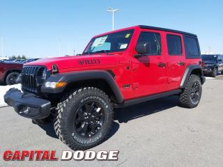 This Jeep Wrangler delivers a Gas engine powering this Automatic transmission. WHEELS: 17 X 7.5 MOAB BLACK ALUMINUM, TRANSMISSION: 8-SPEED TORQUEFLITE AUTO -inc: Dana M200 Rear Axle, Selec-Speed Control, TIRES: LT255/75R17C (STD).*This Jeep Wrangler Comes Equipped with These Options *QUICK ORDER PACKAGE 25W WILLYS -inc: Engine: 3.6L Pentastar VVT V6 w/eTorque, Transmission: 8-Speed TorqueFlite Auto, Willys, Moulded-In-Colour Bumper w/Gloss Black, Speed-Sensitive Power Locks, Deep Tint Sunscreen Windows, Front License Plate Bracket, 4-Wheel Drive Swing Gate Decal, Black Grille, Willys Hood Decal, Rock Protection Sill Rails, Power Windows w/Front 1-Touch Down, Power Heated Exterior Mirrors, Premium-Wrapped Steering Wheel, Security Alarm, Remote Keyless Entry, Sun Visors w/Illuminated Vanity Mirrors, LED Fog Lamps, LED Reflector Headlamps, Moulded-In-Colour Fender Flares , TECHNOLOGY GROUP -inc: Dual-Zone A/C w/Automatic Temperature Control, 7 Full-Colour Driver Info Display, Remote Proximity Keyless Entry, SiriusXM Satellite Radio, Air Filtering, RADIO: UCONNECT 4C NAV W/8.4 DISPLAY, LED HEADLAMP & FOG LAMP GROUP -inc: LED Fog Lamps, LED Reflector Headlamps, Moulded-In-Colour Fender Flares, GVWR: 2,476 KGS (5,460 LBS), FIRECRACKER RED, ENGINE: 3.6L PENTASTAR VVT V6 W/ETORQUE -inc: 600 Amp Maintenance Free Battery, 48-Volt Belt Starter Generator, GVWR: 2,476 kgs (5,460 lbs), Delete Alternator, CONVENIENCE GROUP -inc: Universal Garage Door Opener, COLD WEATHER GROUP -inc: Heated Steering Wheel, Front Heated Seats, BLACK, CLOTH BUCKET SEATS.* Why Buy From Us? *Thank you for choosing Capital Dodge as your preferred dealership. We have been helping customers and families here in Ottawa for over 60 years. From our old location on Carling Avenue to our Brand New Dealership here in Kanata, at the Palladium AutoPark. If youre looking for the best price, best selection and best service, please come on in to Capital Dodge and our Friendly Staff will be happy to help you with all of your Driving Needs. You Always Save More at Ottawas Favourite Chrysler Store* Stop By Today *Live a little- stop by Capital Dodge Chrysler Jeep located at 2500 Palladium Dr Unit 1200, Kanata, ON K2V 1E2 to make this car yours today!