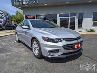 Bluetooth, Remote Start Backup Cam, Apple Car play, FWD, Silver Ice Metallic finish & ONLY 42,830kms!

2016 Chevrolet Malibu LT in a Silver Ice Metallic finish.

Odometer is 39922 kilometers below market average!

More Features!
- 1LT FWD 6-Speed Automatic 1.5L DOHC
- Jet Black w/Leather Appointed Seat Trim, 
- 17" Aluminum Wheels,
- AM/FM radio: SiriusXM, Apple CarPlay/Android Auto w/6 Speakers
- Compass
- Emergency communication system, 
- Exterior Parking Camera Rear, 
- Four wheel independent suspension, 
- Fully automatic headlights
- Heated door mirror
- Illuminated entry
- Power driver seat
- Premium Cloth Seat Trim,
- Radio: AM/FM Chevrolet MyLink w/7" Touch-Screen, 
- Rear window defroster
- Remote keyless entry
- Remote Start
- SiriusXM Satellite Radio
- Speed control
- Split folding rear seat
- Steering wheel mounted audio controls

Reviews:*Malibu is rated highly for a premium feel to its ride and handling, solid ride comfort, a quiet cabin, easy-to-use technology, and many useful touches that owners enjoy on the daily. The up-level stereo system and peaceful highway ride are commonly praised attributes of this machine. Source: autoTRADER.ca

Awards:*IIHS Canada Top Safety Pick+ with optional front crash prevention.

Whether you are looking for a great place to buy your next used vehicle, find a qualified repair centre, or looking for parts for your vehicle, Lincoln Township Motors has the answer for you. We are committed to the needs of our customers and stay ahead of the competition. Theres no way to buy the wrong vehicle from Lincoln Township Motors!

Book your test drive today! 

WE BUY CARS! Any make, model or condition, No purchase necessary.

Come Visit us Today!
4735 King St. Beamsville, L3J 1E9 
Call Us For All Your Automotive Needs! 
*All Lincoln Township Motor vehicles have a CarFax report. Please contact for more information*