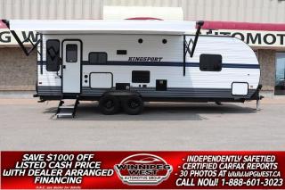 **Cash Price: $28,800. Finance Price: $27,800. (SAVE $1,000 OFF THE LISTED CASH PRICE WITH DEALER ARRANGED FINANCING O.A.C.) Plus PST/GST. No Administration Fees!!** Free CARFAX vehicle history report available on every RV!

STILL AS NEW, 2022 GULF STREAM KINGSPORT ULTRA LITE 24RLS, 29FT BIG SLIDE, REAR LIVING RETREAT, BEAUTIFUL MODERN RV THAT IS STILL AS NEW WITH TONS OF SPACE, LOADED WITH FEATURES AND A PRIVATE MASTER BEDROOM!!

Some of this 2022 Gulf Stream Kingsport Ultra Lite RV 24RLS highlights:

-Light Weight at only 5050lbs dry
-Large U-Shaped Dinette Slide
-Sleeps 6
-Modern entertainment center with Fireplace
-Three Burner Cooktop/oven
-Large fully equipped Walk-Through Bath
-Private master bedroom with Queen Bed & Dual Wardrobes
-Outside beverage center with a refrigerator and an icemaker
-Electric Awning with LED Lights
-Solid steps
-Power front jack
-So much more!! 

Youre going to love camping in this spacious RV with friends and family. Since there is a front master bedroom with a queen bed, a rear jack knife sofa, and a U-shaped dinette (in a big slide), you can comfortably sleep six people each night. The chef of your group can whip up breakfast on the three burner cooktop, or use the microwave oven. You will also love the outside beverage center with a refrigerator and an icemaker for cold drinks as you visit under the awning. If youd rather stay in for the evening, the fireplace will make you feel right at home, and you can bring along your own TV for the entertainment center!

GREAT THINGS DO COME IN SMALL PACKAGES!! - This 2022 GULF STREAM KINGSPORT ULTRA LITE 24RLS is a ultra-lite weight 29ft single slide RV that delivers lots of space without lots of weight. IT has a great functional layout, sleeps 6, it  is loaded with features and its made by Gulf Stream, a trusted name in quality. What a great layout for a family with a smaller tow vehicle. You can have it all with this 24RLS, Lite... Superior Comfort, Style, and Amenities! It makes it easy to pull at only 5050lbs dry weight and a hitch weight of only 580lbs (even mid-sized SUVs and 1/4 ton trucks can tow this beauty)! This RV shares the same commitment to Quality and Innovative Design that you can find in the best available RVs.  The door is at the rear with quick and easy access to the rear living / entertainment area for the whole family to enjoy. Entering at the rear to your left is the knife sofa with windows all around and straight ahead is the Large U-Shaped Dinette  (both finished in beautiful soft Faux leather and both convert to double beds for a total sleep count of 6). The Dinette is in the slide, which opens up the entertainment living area and making for lots of room for the kitchen, which is across the galley. The fully equipped kitchen is a good size with huge sink, three burner stove top plus range with hood, oven, microwave and refrigerator and has lots of room for kitchen prep and walking traffic. There is a nice entertainment wall that ready for a flat screen TV of your choice (not included) and includes a modern electric fireplace and a modern Multi Media Stereo with indoor and outdoor speakers. There is plenty of overhead and under cabinet storage. Moving forward, through the hallway towards the front of the RV is the fully equipped walk through bathroom mid ship and nice private master bedroom up front. The private bathroom includes a toilet and good sized corner shower, sink, medicine cabinet, vanity, linen cabinets and more. The private front  Master Bedroom has additional storage below the queen-sized bed with wardrobes on either side and storage above. Outside you will find a large pass thru storage, outside speakers, a large power awning with LED lights to cover you in those hot or rainy days, a fantastic-Outside beverage center with a refrigerator and an icemaker, and there is Air conditioning for the hot summer nights! Set up is a breeze with the 4 corner leveling jacks and front power hitch. This Ultra Lightweight travel trailer will sleep 6 making it perfect for Vacationing, Adventuring or just Relaxing on a seasonal lot - it has a unique, family-friendly layout with loads of storage space and lots of great features!!

We have completed a Safety Inspection based on the Manitoba Fire Commissioners Office guidelines, this RV comes with a Clean, No Accident 1 owner  Manitoba CARFAX history report and we have several extended warranty options available to choose from to protect your RV and your wallet. Priced to sell (HUGE VALUE!!!) Zero down financing OAC with very Low monthly payments avail. Please see dealer for details. Trades accepted. View at Winnipeg West Automotive Group, 5195 Portage Ave. Dealer permit # 4365, Call now 1-(888) 601-3023.