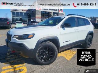 <b>Off-Road Package,  Cooled Seats,  Leather Seats,  Heated Steering Wheel,  Remote Start!</b><br> <br> <br> <br>Call 613-489-1212 to speak to our friendly sales staff today, or come by the dealership!<br> <br>  Refined and extremely capable, theres very little on the list of what this SUV cannot do. <br> <br>With an exceptionally smooth ride and an award-winning interior, this Jeep Cherokee can take you anywhere in comfort and style. This Cherokee has a refined look without sacrificing its rugged presence. Experience the freedom of adventure and discover new territories with the unique and authentically crafted Jeep Cherokee. <br> <br> This bright white SUV  has an automatic transmission and is powered by a  270HP 2.0L 4 Cylinder Engine.<br> <br> Our Cherokees trim level is Trailhawk. Built to take on the great outdoors, this rugged Cherokee Trailhawk features a comprehensive off-roading package that includes beefy suspension, a rear locking differential, 5 skid plates for undercarriage protection, black aluminum wheels with a full-size under-mounted spare, front and rear tow hooks, and tow equipment including trailer sway control.  Additional standard features include ventilated and heated seats with premium leather upholstery, power adjustment and lumbar support, a heated leatherette-wrapped steering wheel, deluxe sound insulation, adaptive cruise control, dual-zone front automatic air conditioning, a power liftgate for rear cargo access, and an 8.4-inch infotainment screen powered by Uconnect 4C, with smartphone integration and LTE mobile internet hotspot access. Safety features include blind spot detection, lane keeping assist with lane departure warning, front and rear collision mitigation, forward collision warning with active braking, automated parking sensors, and a rearview camera. This vehicle has been upgraded with the following features: Off-road Package,  Cooled Seats,  Leather Seats,  Heated Steering Wheel,  Remote Start,  4g Wi-fi,  Adaptive Cruise Control.  This is a demonstrator vehicle driven by a member of our staff, so we can offer a great deal on it.<br><br> View the original window sticker for this vehicle with this url <b><a href=http://www.chrysler.com/hostd/windowsticker/getWindowStickerPdf.do?vin=1C4PJMBN5PD116115 target=_blank>http://www.chrysler.com/hostd/windowsticker/getWindowStickerPdf.do?vin=1C4PJMBN5PD116115</a></b>.<br> <br>To apply right now for financing use this link : <a href=https://CreditOnline.dealertrack.ca/Web/Default.aspx?Token=3206df1a-492e-4453-9f18-918b5245c510&Lang=en target=_blank>https://CreditOnline.dealertrack.ca/Web/Default.aspx?Token=3206df1a-492e-4453-9f18-918b5245c510&Lang=en</a><br><br> <br/> Weve discounted this vehicle $4890.    6.49% financing for 96 months. <br> Buy this vehicle now for the lowest weekly payment of <b>$168.68</b> with $0 down for 96 months @ 6.49% APR O.A.C. ( Plus applicable taxes -  $1199  fees included in price    ).  Incentives expire 2024-07-02.  See dealer for details. <br> <br>If youre looking for a Dodge, Ram, Jeep, and Chrysler dealership in Ottawa that always goes above and beyond for you, visit Myers Manotick Dodge today! Were more than just great cars. We provide the kind of world-class Dodge service experience near Kanata that will make you a Myers customer for life. And with fabulous perks like extended service hours, our 30-day tire price guarantee, the Myers No Charge Engine/Transmission for Life program, and complimentary shuttle service, its no wonder were a top choice for drivers everywhere. Get more with Myers!<br> Come by and check out our fleet of 40+ used cars and trucks and 100+ new cars and trucks for sale in Manotick.  o~o
