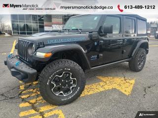 <br> <br>Call 613-489-1212 to speak to our friendly sales staff today, or come by the dealership!<br> <br>  Forging a new path into the future, this Jeep Wrangler 4xe has all the legendary capability and open-air freedom that the Wrangler is known for. <br> <br>No matter where your next adventure takes you, this Jeep Wrangler 4xe is ready for the challenge. With advanced traction and plug-in hybrid technology, sophisticated safety features and ample ground clearance, the Wrangler 4xe is designed to climb up and crawl over the toughest terrain. Inside the cabin of this advanced Wrangler 4xe offers supportive seats and comes loaded with the technology you expect while staying loyal to the style and design youve come to know and love.<br> <br> This black SUV  has an automatic transmission and is powered by a  Hybrid engine.<br><br> View the original window sticker for this vehicle with this url <b><a href=http://www.chrysler.com/hostd/windowsticker/getWindowStickerPdf.do?vin=1C4JJXR6XPW613526 target=_blank>http://www.chrysler.com/hostd/windowsticker/getWindowStickerPdf.do?vin=1C4JJXR6XPW613526</a></b>.<br> <br>To apply right now for financing use this link : <a href=https://CreditOnline.dealertrack.ca/Web/Default.aspx?Token=3206df1a-492e-4453-9f18-918b5245c510&Lang=en target=_blank>https://CreditOnline.dealertrack.ca/Web/Default.aspx?Token=3206df1a-492e-4453-9f18-918b5245c510&Lang=en</a><br><br> <br/><br> Buy this vehicle now for the lowest weekly payment of <b>$233.70</b> with $0 down for 96 months @ 6.49% APR O.A.C. ( Plus applicable taxes -  $1199  fees included in price    ).  See dealer for details. <br> <br>If youre looking for a Dodge, Ram, Jeep, and Chrysler dealership in Ottawa that always goes above and beyond for you, visit Myers Manotick Dodge today! Were more than just great cars. We provide the kind of world-class Dodge service experience near Kanata that will make you a Myers customer for life. And with fabulous perks like extended service hours, our 30-day tire price guarantee, the Myers No Charge Engine/Transmission for Life program, and complimentary shuttle service, its no wonder were a top choice for drivers everywhere. Get more with Myers!<br> Come by and check out our fleet of 50+ used cars and trucks and 110+ new cars and trucks for sale in Manotick.  o~o