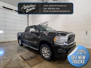 <b>Blind Spot Detection,  Cooled Seats,  Heavy Duty Suspension,  Heated Steering Wheel,  Tow Package!</b><br> <br> <br> <br>  Get the job done in comfort and style in this extremely capable Ram 3500 HD. <br> <br>Endlessly capable, this 2023 Ram 3500HD pulls out all the stops, and has the towing capacity that sets it apart from the competition. On top of its proven Ram toughness, this Ram 3500HD has an ultra-quiet cabin full of amazing tech features that help make your workday more enjoyable. Whether youre in the commercial sector or looking for serious recreational towing rig, this impressive 3500HD is ready for anything that you are.<br> <br> This black sought after diesel Crew Cab 4X4 pickup   has a 6 speed automatic transmission and is powered by a Cummins 370HP 6.7L Straight 6 Cylinder Engine.<br> <br> Our 3500s trim level is Limited. This fully-decked Ram 3500 Limited rewards you with blind spot detection, chrome exterior accents, ventilated and heated and power-adjustable front seats with lumbar support, heated second row seats, power extendable trailer style side mirrors and side steps, and is also well equipped with class V towing equipment including a hitch, brake controller and trailer sway control, heavy duty suspension, front and reverse utility lights, cargo box lighting, and a rear step bumper. On the inside, occupants are treated to leather upholstery, dual-zone front automatic air conditioning, a genuine wood/leather-wrapped steering wheel, and illuminated front cupholders. Stay connected on the road via an 8.4-inch display powered by Uconnect 5 with GPS navigation, HD radio, Apple CarPlay and Android Auto, Alexa Built-In, SiriusXM streaming radio, trailer tow pages, off-road info pages, and mobile hotspot internet access. Additional features include a 10-speaker Alpine audio system, 115-volt rear auxiliary power outlet, remote engine start, and even more! This vehicle has been upgraded with the following features: Blind Spot Detection,  Cooled Seats,  Heavy Duty Suspension,  Heated Steering Wheel,  Tow Package,  Navigation,  Apple Carplay. <br><br> View the original window sticker for this vehicle with this url <b><a href=http://www.chrysler.com/hostd/windowsticker/getWindowStickerPdf.do?vin=3C63R3SL4PG532151 target=_blank>http://www.chrysler.com/hostd/windowsticker/getWindowStickerPdf.do?vin=3C63R3SL4PG532151</a></b>.<br> <br>To apply right now for financing use this link : <a href=https://www.indianheadchrysler.com/finance/ target=_blank>https://www.indianheadchrysler.com/finance/</a><br><br> <br/> Weve discounted this vehicle $12675. See dealer for details. <br> <br>At Indian Head Chrysler Dodge Jeep Ram Ltd., we treat our customers like family. That is why we have some of the highest reviews in Saskatchewan for a car dealership!  Every used vehicle we sell comes with a limited lifetime warranty on covered components, as long as you keep up to date on all of your recommended maintenance. We even offer exclusive financing rates right at our dealership so you dont have to deal with the banks.
You can find us at 501 Johnston Ave in Indian Head, Saskatchewan-- visible from the TransCanada Highway and only 35 minutes east of Regina. Distance doesnt have to be an issue, ask us about our delivery options!

Call: 306.695.2254<br> Come by and check out our fleet of 40+ used cars and trucks and 80+ new cars and trucks for sale in Indian Head.  o~o