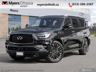 <b>Sunroof,  Leather Seats,  Cooled Seats,  Navigation,  Heated Seats!</b><br> <br> <br> <br> SPECIAL!  Was $98124. Now $88124! $10000 discount until May 31!  <br> <br/>  This Infiniti QX80 is an old-school SUV with lots of luxury, style, and modern tech. <br> <br>Embrace luxury grand enough to accommodate all the experiences you seek, and powerful enough to amplify them. This Infiniti QX80 unleashes your potential with capability that few can rival, extensive rewards that fill your journey, and presence that none can match. This full-size luxury SUV is not larger than life, its as large as the life you want.<br> <br> This mineral black SUV  has an automatic transmission and is powered by a  400HP 5.6L 8 Cylinder Engine.<br> <br> Our QX80s trim level is ProACTIVE 8-Passenger. This ProACTIVE trim adds the active safety suite complete with distance pacing cruise with stop and go, blind spot intervention, and lane keep assist. Plush, climate controlled leather seats and a gorgeous sunroof offer the promise of luxury and comfort in this QX80, witha towing package, skid plate, auto leveling suspension, and serious power offering remarkable SUV strength and utility. Navigation, Bose premium audio, wireless Android Auto, and Apple CarPlay offer endless connectivity while a rear seat entertainment system makes sure all passengers are free from boredom. A power folding third row, power liftgate, remote start, memory settings, proximity keys, and a heated steering wheel offer comfort and convenience while parking sensors, emergency braking, and an aerial view camera help you stay safe. This vehicle has been upgraded with the following features: Sunroof,  Leather Seats,  Cooled Seats,  Navigation,  Heated Seats,  Memory Seats,  Premium Audio. <br><br> <br>To apply right now for financing use this link : <a href=https://www.myersinfiniti.ca/finance/ target=_blank>https://www.myersinfiniti.ca/finance/</a><br><br> <br/> Weve discounted this vehicle $10000.<br> Buy this vehicle now for the lowest bi-weekly payment of <b>$792.99</b> with $0 down for 84 months @ 11.00% APR O.A.C. ( taxes included, $821  and licensing fees    ).  See dealer for details. <br> <br><br> Come by and check out our fleet of 30+ used cars and trucks and 90+ new cars and trucks for sale in Ottawa.  o~o