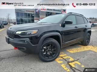 <b>Off-Road Package,  Cooled Seats,  Leather Seats,  Heated Steering Wheel,  Remote Start!</b><br> <br> <br> <br>Call 613-489-1212 to speak to our friendly sales staff today, or come by the dealership!<br> <br>  Iconic Jeep styling takes a modern twist in the design of this spectacular 2023 Jeep Cherokee. <br> <br>With an exceptionally smooth ride and an award-winning interior, this Jeep Cherokee can take you anywhere in comfort and style. This Cherokee has a refined look without sacrificing its rugged presence. Experience the freedom of adventure and discover new territories with the unique and authentically crafted Jeep Cherokee. <br> <br> This diamond black crystal pearl SUV  has an automatic transmission and is powered by a  270HP 2.0L 4 Cylinder Engine.<br> <br> Our Cherokees trim level is Trailhawk. Built to take on the great outdoors, this rugged Cherokee Trailhawk features a comprehensive off-roading package that includes beefy suspension, a rear locking differential, 5 skid plates for undercarriage protection, black aluminum wheels with a full-size under-mounted spare, front and rear tow hooks, and tow equipment including trailer sway control.  Additional standard features include ventilated and heated seats with premium leather upholstery, power adjustment and lumbar support, a heated leatherette-wrapped steering wheel, deluxe sound insulation, adaptive cruise control, dual-zone front automatic air conditioning, a power liftgate for rear cargo access, and an 8.4-inch infotainment screen powered by Uconnect 4C, with smartphone integration and LTE mobile internet hotspot access. Safety features include blind spot detection, lane keeping assist with lane departure warning, front and rear collision mitigation, forward collision warning with active braking, automated parking sensors, and a rearview camera. This vehicle has been upgraded with the following features: Off-road Package,  Cooled Seats,  Leather Seats,  Heated Steering Wheel,  Remote Start,  4g Wi-fi,  Adaptive Cruise Control. <br><br> View the original window sticker for this vehicle with this url <b><a href=http://www.chrysler.com/hostd/windowsticker/getWindowStickerPdf.do?vin=1C4PJMBN6PD109545 target=_blank>http://www.chrysler.com/hostd/windowsticker/getWindowStickerPdf.do?vin=1C4PJMBN6PD109545</a></b>.<br> <br>To apply right now for financing use this link : <a href=https://CreditOnline.dealertrack.ca/Web/Default.aspx?Token=3206df1a-492e-4453-9f18-918b5245c510&Lang=en target=_blank>https://CreditOnline.dealertrack.ca/Web/Default.aspx?Token=3206df1a-492e-4453-9f18-918b5245c510&Lang=en</a><br><br> <br/> Weve discounted this vehicle $1900.    6.49% financing for 96 months. <br> Buy this vehicle now for the lowest weekly payment of <b>$179.42</b> with $0 down for 96 months @ 6.49% APR O.A.C. ( Plus applicable taxes -  $1199  fees included in price    ).  Incentives expire 2024-07-02.  See dealer for details. <br> <br>If youre looking for a Dodge, Ram, Jeep, and Chrysler dealership in Ottawa that always goes above and beyond for you, visit Myers Manotick Dodge today! Were more than just great cars. We provide the kind of world-class Dodge service experience near Kanata that will make you a Myers customer for life. And with fabulous perks like extended service hours, our 30-day tire price guarantee, the Myers No Charge Engine/Transmission for Life program, and complimentary shuttle service, its no wonder were a top choice for drivers everywhere. Get more with Myers!<br> Come by and check out our fleet of 40+ used cars and trucks and 100+ new cars and trucks for sale in Manotick.  o~o
