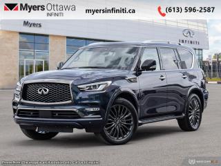 <b>Sunroof,  Leather Seats,  Cooled Seats,  Navigation,  Heated Seats!</b><br> <br> <br> <br> SPECIAL!  Was $96624. Now $86624! $10000 discount until May 31!  <br> <br/>  This engineering masterpiece known as the QX80 exudes luxury from every angle. <br> <br>Embrace luxury grand enough to accommodate all the experiences you seek, and powerful enough to amplify them. This Infiniti QX80 unleashes your potential with capability that few can rival, extensive rewards that fill your journey, and presence that none can match. This full-size luxury SUV is not larger than life, its as large as the life you want.<br> <br> This black obsidian SUV  has an automatic transmission and is powered by a  400HP 5.6L 8 Cylinder Engine.<br> <br> Our QX80s trim level is ProACTIVE 7-Passenger. This ProACTIVE trim adds the active safety suite complete with distance pacing cruise with stop and go, blind spot intervention, and lane keep assist. Plush, climate controlled leather seats and a gorgeous sunroof offer the promise of luxury and comfort in this QX80, witha towing package, skid plate, auto leveling suspension, and serious power offering remarkable SUV strength and utility. Navigation, Bose premium audio, wireless Android Auto, and Apple CarPlay offer endless connectivity while a rear seat entertainment system makes sure all passengers are free from boredom. A power folding third row, power liftgate, remote start, memory settings, proximity keys, and a heated steering wheel offer comfort and convenience while parking sensors, emergency braking, and an aerial view camera help you stay safe. This vehicle has been upgraded with the following features: Sunroof,  Leather Seats,  Cooled Seats,  Navigation,  Heated Seats,  Memory Seats,  Premium Audio. <br><br> <br>To apply right now for financing use this link : <a href=https://www.myersinfiniti.ca/finance/ target=_blank>https://www.myersinfiniti.ca/finance/</a><br><br> <br/> Weve discounted this vehicle $10000.<br> Buy this vehicle now for the lowest bi-weekly payment of <b>$779.61</b> with $0 down for 84 months @ 11.00% APR O.A.C. ( taxes included, $821  and licensing fees    ).  See dealer for details. <br> <br><br> Come by and check out our fleet of 30+ used cars and trucks and 90+ new cars and trucks for sale in Ottawa.  o~o
