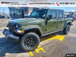 <b>Aluminum Wheels,  Apple CarPlay,  Android Auto,  Tow Package,  Proximity Key!</b><br> <br> <br> <br>Call 613-489-1212 to speak to our friendly sales staff today, or come by the dealership!<br> <br>  This Jeep Gladiator is ready to change the game of utility vehicles and pickup trucks. <br> <br>Built with unmistakable Jeep styling and off-road capability and the capability and hauling power of a pickup truck, you get the best of both worlds with this incredible machine. Thanks to its unmistakable style, rugged off-road technology, and an exhilarating open air truck experience, this unique Jeep Gladiator is ready to change the 4X4 game.<br> <br> This sarge green Regular Cab 4X4 pickup   has an automatic transmission and is powered by a  285HP 3.6L V6 Cylinder Engine.<br> <br> Our Gladiators trim level is Willys. This Gladiator Willys features upgraded aluminum wheels, two front tow hooks, class III towing equipment with a trailer wiring harness and trailer sway control, undercarriage skid plates, a full-size spare with underbody storage, removable doors and windows, and a manual convertible top with fixed roll-over protection. This rugged truck also features great convenience features like proximity keyless entry with push button start, illuminated front and rear cupholders, two 12-volt DC power outlets, and tons of storage space. Handling infotainment and connectivity duties is a 7-inch screen powered by Uconnect 4, and features Apple CarPlay, Android Auto, 4G LTE WiFi hotspot internet access, and streaming audio. This vehicle has been upgraded with the following features: Aluminum Wheels,  Apple Carplay,  Android Auto,  Tow Package,  Proximity Key,  4g Wifi,  Rear Camera. <br><br> View the original window sticker for this vehicle with this url <b><a href=http://www.chrysler.com/hostd/windowsticker/getWindowStickerPdf.do?vin=1C6HJTAG2PL540270 target=_blank>http://www.chrysler.com/hostd/windowsticker/getWindowStickerPdf.do?vin=1C6HJTAG2PL540270</a></b>.<br> <br>To apply right now for financing use this link : <a href=https://CreditOnline.dealertrack.ca/Web/Default.aspx?Token=3206df1a-492e-4453-9f18-918b5245c510&Lang=en target=_blank>https://CreditOnline.dealertrack.ca/Web/Default.aspx?Token=3206df1a-492e-4453-9f18-918b5245c510&Lang=en</a><br><br> <br/> Weve discounted this vehicle $5300. Total  cash rebate of $6817 is reflected in the price.   5.99% financing for 96 months. <br> Buy this vehicle now for the lowest weekly payment of <b>$176.95</b> with $0 down for 96 months @ 5.99% APR O.A.C. ( Plus applicable taxes -  $1199  fees included in price    ).  Incentives expire 2024-04-30.  See dealer for details. <br> <br>If youre looking for a Dodge, Ram, Jeep, and Chrysler dealership in Ottawa that always goes above and beyond for you, visit Myers Manotick Dodge today! Were more than just great cars. We provide the kind of world-class Dodge service experience near Kanata that will make you a Myers customer for life. And with fabulous perks like extended service hours, our 30-day tire price guarantee, the Myers No Charge Engine/Transmission for Life program, and complimentary shuttle service, its no wonder were a top choice for drivers everywhere. Get more with Myers!<br> Come by and check out our fleet of 50+ used cars and trucks and 110+ new cars and trucks for sale in Manotick.  o~o