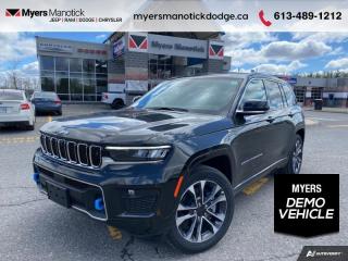 <b>Hybrid,  Sunroof,  Leather Seats,  Cooled Seats,  Tow Package!</b><br> <br> <br> <br>Call 613-489-1212 to speak to our friendly sales staff today, or come by the dealership!<br> <br>  This all-new Jeep Grand Cherokee 4xe provides comfy seating, and easily masters both off-road trails and daily commutes alike. <br> <br>This hybrid Jeep Grand Cherokee 4xe is second to none when it comes to efficiency, safety, and capability. Improving on its legendary design with exceptional materials and elevated craftsmanship, this Cherokee 4xe creates an unforgettable driving experience. With plenty of room for your adventure gear, enough seats for your whole family and incredible off-road capability, this 2023 Jeep Grand Cherokee 4xe has you covered! <br> <br> This rocky mt pearl SUV  has an automatic transmission and is powered by a  375HP 2.0L 4 Cylinder Engine.<br> <br> Our Grand Cherokee 4xes trim level is Overland. This next-level Cherokee 4xe Overland is decked with an express open/close sunroof with a power shade, Nappa leather seats, Class IV towing equipment including a hitch, trailer wiring harness and trailer sway control, adaptive suspension with automatic height adjustment, unique exterior styling, and a punchy powertrain. This package is further sweetened with power-adjustable heated and ventilated seats with 4-way lumbar support, a heated synthetic leather steering wheel, proximity keyless entry with push-button start, a power liftgate, and a 10.1-inch screen infotainment screen bundled with 4G LTE Wi-Fi hotspot access, smartphone connectivity, turn-by-turn navigation, and a 10-speaker audio system. Safety on the road is assured with blind spot detection, adaptive cruise control, lane keeping assist, lane departure warning, collision mitigation, and parking sensors. Additional features include LED lights, illuminated cupholders, automatic high beams, and so much more. This vehicle has been upgraded with the following features: Hybrid,  Sunroof,  Leather Seats,  Cooled Seats,  Tow Package,  Navigation,  Power Liftgate.  This is a demonstrator vehicle driven by a member of our staff, so we can offer a great deal on it.<br><br> View the original window sticker for this vehicle with this url <b><a href=http://www.chrysler.com/hostd/windowsticker/getWindowStickerPdf.do?vin=1C4RJYD68P8822140 target=_blank>http://www.chrysler.com/hostd/windowsticker/getWindowStickerPdf.do?vin=1C4RJYD68P8822140</a></b>.<br> <br>To apply right now for financing use this link : <a href=https://CreditOnline.dealertrack.ca/Web/Default.aspx?Token=3206df1a-492e-4453-9f18-918b5245c510&Lang=en target=_blank>https://CreditOnline.dealertrack.ca/Web/Default.aspx?Token=3206df1a-492e-4453-9f18-918b5245c510&Lang=en</a><br><br> <br/> Weve discounted this vehicle $1989.<br> Buy this vehicle now for the lowest weekly payment of <b>$292.27</b> with $0 down for 96 months @ 6.49% APR O.A.C. ( Plus applicable taxes -  $1199  fees included in price    ).  See dealer for details. <br> <br>If youre looking for a Dodge, Ram, Jeep, and Chrysler dealership in Ottawa that always goes above and beyond for you, visit Myers Manotick Dodge today! Were more than just great cars. We provide the kind of world-class Dodge service experience near Kanata that will make you a Myers customer for life. And with fabulous perks like extended service hours, our 30-day tire price guarantee, the Myers No Charge Engine/Transmission for Life program, and complimentary shuttle service, its no wonder were a top choice for drivers everywhere. Get more with Myers!<br> Come by and check out our fleet of 50+ used cars and trucks and 120+ new cars and trucks for sale in Manotick.  o~o