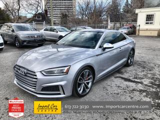 *** 1-OWNER * NO ACCIDENTS * SMETANA APPROVED *** The Audi S5 has some on the finest and nicest lines in a coupe!!  This 2019 Audi S5 Technik caters to the purist who enjoys connection, luxury and refinement that will impress!!  Finished in Florett Silver Metallic with gorgeous Black Fine Nappa leather with Rock Gray contrast diamond stitching, 349 horses under the hood, incredible Quattro all wheel drive handling, proximity key with push start button, panoramic sunroof, massaging seats, 19 alloys, 2 stage drivers seat memory, sport steering wheel, virtual cockpit, paddle shifters, navigation, heated seats, Audi Drive Select, start/stop function, traction control, park distance control, Bang & Olufsen, backup camera, 360 camera, Carbon Atlas trim, speed warning, parking aid, efficiency assist, Audi Pre Sense, Audi Side Assist, rain sensor, traffic sign recognition, leather wrapped steering wheel and gear shift, tri-zone climate control, power folding mirrors, SiriusXM radio, only 39,000kms all compliment this stunning 2019 Audi S5 Technik.  Perfection and beyond!!

Home of the Platinum up to 240,000kms warranty and financing is always available O.A.C Import Car Centre, proudly serving the Ottawa and surrounding area for over 42 years. Come down and experience Import Car Centre for yourself and see just why our customers are so happy! 

 #importcarcentre #smetanaapproved #iccs