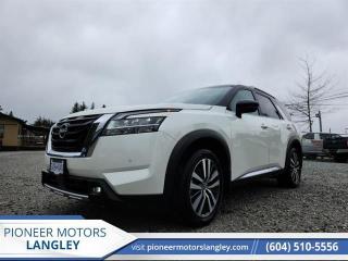<b>Low Mileage, Cooled Seats,  Bose Premium Audio,  HUD,  Wireless Charging,  Sunroof!</b><br> <br> At Pioneer Motors Langley, our team of professionals will guide you to make the right choice for your future vehicle. You will be advised as to the choice of the right vehicle and the best suitable financing for your needs. <br> <br> Compare at $62210 - Pioneer value price is just $60990! <br> <br>   After a hard day on the trail or hauling family, the interior of this 2022 Nissan feels like a sanctuary. This  2022 Nissan Pathfinder is fresh on our lot in Langley. <br> <br>With all the latest safety features, all the latest innovations for capability, and all the latest connectivity and style features you could want, this 2022 Pathfinder is ready for every adventure. Whether its the urban city-scape, or the backcountry trail, this 2022 Pathfinder was designed to tackle it with grace. If you have an active family, they deserve all the comfort, style, and capability of the 2022 Pathfinder.This low mileage  SUV has just 13,851 kms. Its  nice in colour  and is completely accident free based on the <a href=https://vhr.carfax.ca/?id=CArSWb0uncaQAGCnw5D/hJF1o+Ekweme target=_blank>CARFAX Report</a> . It has a 9 speed automatic transmission and is powered by a  284HP 3.5L V6 Cylinder Engine. <br> <br> Our Pathfinders trim level is Platinum. This Pathfinder Platinum trim adds top of the line comfort features such as a heads up display, Bose Premium Audio System, wireless AppleCarplay and Android Auto, heated and cooled quilted leather trimmed seats, and heated second row captains chairs. This family SUV is ready for the city or the trail with modern features such as NissanConnect with navigation, touchscreen, and voice command, Apple CarPlay and Android Auto, paddle shifters, Class III towing equipment with hitch sway control, automatic locking hubs, a 120V outlet, alloy wheels, automatic LED headlamps, and fog lamps. Keep your family safe and comfortable with a heated leather steering wheel, driver memory settings, a dual row sunroof, a proximity key with proximity cargo access, smart device remote start, power liftgate, collision mitigation, lane keep assist, blind spot intervention, front and rear parking sensors, and a 360 degree camera. This vehicle has been upgraded with the following features: Cooled Seats,  Bose Premium Audio,  Hud,  Wireless Charging,  Sunroof,  Navigation,  Heated Seats. <br> <br>To apply right now for financing use this link : <a href=https://www.pioneermotorslangley.com/finance/ target=_blank>https://www.pioneermotorslangley.com/finance/</a><br><br> <br/><br> Buy this vehicle now for the lowest bi-weekly payment of <b>$404.12</b> with $0 down for 96 months @ 7.99% APR O.A.C. ( Plus applicable taxes -  Plus applicable fees   / Total Obligation of $85051  ).  See dealer for details. <br> <br>Let us make your visit to our dealership as pleasant and rewarding as it can be. All pricing is plus $995 Documentation fee and applicable taxes. o~o