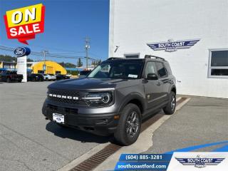 <b>Leather Seats, Sunroof, Ford Co-Pilot360 Assist+, Wireless Charging, Premium Audio!</b><br> <br>   This 2023 Ford Bronco Sport is no rip-off of its bigger brother; its an off road-capable and versatile compact SUV. <br> <br>A compact footprint, an iconic name, and modern luxury come together to make this Bronco Sport an instant classic. Whether your next adventure takes you deep into the rugged wilds, or into the rough and rumble city, this Bronco Sport is exactly what you need. With enough cargo space for all of your gear, the capability to get you anywhere, and a manageable footprint, theres nothing quite like this Ford Bronco Sport.<br> <br> This carbonized grey metallic SUV  has a 8 speed automatic transmission and is powered by a  250HP 2.0L 4 Cylinder Engine.<br> <br> Our Bronco Sports trim level is Badlands. Rugged and capable, this Bronco Sport Badlands is ready for your next off-road adventure, with beefy off-road suspension, a reinforced undercarriage with 4 skid plates, off-road wheels, and front tow hooks. Also standard include heated seats with SiriusXM streaming radio and exclusive aluminum wheels. This SUV also features a slew of standard infotainment and convenience features, including voice-activated automatic air conditioning, an 8-inch SYNC 3 powered infotainment screen with Apple CarPlay and Android Auto, smart charging USB type-A and type-C ports, 4G LTE mobile hotspot internet access, proximity keyless entry with remote start, and a robust terrain management system that features the trademark Go Over All Terrain (G.O.A.T.) driving modes. Additional features include Ford Co-Pilot360 with blind spot detection, rear cross traffic alert and pre-collision assist with automatic emergency braking, lane keeping assist, lane departure warning, forward collision alert, driver monitoring alert, a rear view camera, 3 12-volt DC and a 120-volt AC power outlets, and so much more. This vehicle has been upgraded with the following features: Leather Seats, Sunroof, Ford Co-pilot360 Assist+, Wireless Charging, Premium Audio, Class Ii Trailer Tow Package, Premium Package. <br><br> View the original window sticker for this vehicle with this url <b><a href=http://www.windowsticker.forddirect.com/windowsticker.pdf?vin=3FMCR9D99PRD74709 target=_blank>http://www.windowsticker.forddirect.com/windowsticker.pdf?vin=3FMCR9D99PRD74709</a></b>.<br> <br>To apply right now for financing use this link : <a href=https://www.southcoastford.com/financing/ target=_blank>https://www.southcoastford.com/financing/</a><br><br> <br/> Weve discounted this vehicle $1558. Total  cash rebate of $5500 is reflected in the price. Credit includes $5,500 Delivery Allowance.  7.99% financing for 84 months. <br> Buy this vehicle now for the lowest bi-weekly payment of <b>$354.06</b> with $0 down for 84 months @ 7.99% APR O.A.C. ( Plus applicable taxes -  $595 Administration Fee included    / Total Obligation of $64439  ).  Incentives expire 2024-05-31.  See dealer for details. <br> <br>Call South Coast Ford Sales or come visit us in person. Were convenient to Sechelt, BC and located at 5606 Wharf Avenue. and look forward to helping you with your automotive needs. <br><br> Come by and check out our fleet of 20+ used cars and trucks and 110+ new cars and trucks for sale in Sechelt.  o~o