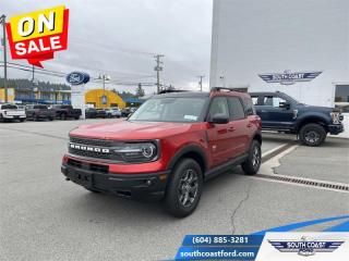 <b>Leather Seats, Sunroof, Ford Co-Pilot360 Assist+, Wireless Charging, Premium Audio!</b><br> <br>   This 2023 Ford Bronco Sport is no rip-off of its bigger brother; its an off road-capable and versatile compact SUV. <br> <br>A compact footprint, an iconic name, and modern luxury come together to make this Bronco Sport an instant classic. Whether your next adventure takes you deep into the rugged wilds, or into the rough and rumble city, this Bronco Sport is exactly what you need. With enough cargo space for all of your gear, the capability to get you anywhere, and a manageable footprint, theres nothing quite like this Ford Bronco Sport.<br> <br> This hot pepper red tinted clearcoat SUV  has a 8 speed automatic transmission and is powered by a  250HP 2.0L 4 Cylinder Engine.<br> <br> Our Bronco Sports trim level is Badlands. Rugged and capable, this Bronco Sport Badlands is ready for your next off-road adventure, with beefy off-road suspension, a reinforced undercarriage with 4 skid plates, off-road wheels, and front tow hooks. Also standard include heated seats with SiriusXM streaming radio and exclusive aluminum wheels. This SUV also features a slew of standard infotainment and convenience features, including voice-activated automatic air conditioning, an 8-inch SYNC 3 powered infotainment screen with Apple CarPlay and Android Auto, smart charging USB type-A and type-C ports, 4G LTE mobile hotspot internet access, proximity keyless entry with remote start, and a robust terrain management system that features the trademark Go Over All Terrain (G.O.A.T.) driving modes. Additional features include Ford Co-Pilot360 with blind spot detection, rear cross traffic alert and pre-collision assist with automatic emergency braking, lane keeping assist, lane departure warning, forward collision alert, driver monitoring alert, a rear view camera, 3 12-volt DC and a 120-volt AC power outlets, and so much more. This vehicle has been upgraded with the following features: Leather Seats, Sunroof, Ford Co-pilot360 Assist+, Wireless Charging, Premium Audio, Class Ii Trailer Tow Package, Premium Package. <br><br> View the original window sticker for this vehicle with this url <b><a href=http://www.windowsticker.forddirect.com/windowsticker.pdf?vin=3FMCR9D91PRD75031 target=_blank>http://www.windowsticker.forddirect.com/windowsticker.pdf?vin=3FMCR9D91PRD75031</a></b>.<br> <br>To apply right now for financing use this link : <a href=https://www.southcoastford.com/financing/ target=_blank>https://www.southcoastford.com/financing/</a><br><br> <br/> Weve discounted this vehicle $1958. Total  cash rebate of $5500 is reflected in the price. Credit includes $5,500 Delivery Allowance.  7.99% financing for 84 months. <br> Buy this vehicle now for the lowest bi-weekly payment of <b>$355.50</b> with $0 down for 84 months @ 7.99% APR O.A.C. ( Plus applicable taxes -  $595 Administration Fee included    / Total Obligation of $64700  ).  Incentives expire 2024-04-30.  See dealer for details. <br> <br>Call South Coast Ford Sales or come visit us in person. Were convenient to Sechelt, BC and located at 5606 Wharf Avenue. and look forward to helping you with your automotive needs. <br><br> Come by and check out our fleet of 20+ used cars and trucks and 100+ new cars and trucks for sale in Sechelt.  o~o
