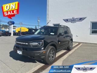 <b>Leather Seats, Sunroof, Ford Co-Pilot360 Assist+, Wireless Charging, Premium Audio!</b><br> <br>   Looking for off-roading capability with a mix off efficiency and tech features? This Bronco Sport is certainly up to the challenge. <br> <br>A compact footprint, an iconic name, and modern luxury come together to make this Bronco Sport an instant classic. Whether your next adventure takes you deep into the rugged wilds, or into the rough and rumble city, this Bronco Sport is exactly what you need. With enough cargo space for all of your gear, the capability to get you anywhere, and a manageable footprint, theres nothing quite like this Ford Bronco Sport.<br> <br> This shadow black SUV  has a 8 speed automatic transmission and is powered by a  250HP 2.0L 4 Cylinder Engine.<br> <br> Our Bronco Sports trim level is Badlands. Rugged and capable, this Bronco Sport Badlands is ready for your next off-road adventure, with beefy off-road suspension, a reinforced undercarriage with 4 skid plates, off-road wheels, and front tow hooks. Also standard include heated seats with SiriusXM streaming radio and exclusive aluminum wheels. This SUV also features a slew of standard infotainment and convenience features, including voice-activated automatic air conditioning, an 8-inch SYNC 3 powered infotainment screen with Apple CarPlay and Android Auto, smart charging USB type-A and type-C ports, 4G LTE mobile hotspot internet access, proximity keyless entry with remote start, and a robust terrain management system that features the trademark Go Over All Terrain (G.O.A.T.) driving modes. Additional features include Ford Co-Pilot360 with blind spot detection, rear cross traffic alert and pre-collision assist with automatic emergency braking, lane keeping assist, lane departure warning, forward collision alert, driver monitoring alert, a rear view camera, 3 12-volt DC and a 120-volt AC power outlets, and so much more. This vehicle has been upgraded with the following features: Leather Seats, Sunroof, Ford Co-pilot360 Assist+, Wireless Charging, Premium Audio, Class Ii Trailer Tow Package, Premium Package. <br><br> View the original window sticker for this vehicle with this url <b><a href=http://www.windowsticker.forddirect.com/windowsticker.pdf?vin=3FMCR9D92PRD74485 target=_blank>http://www.windowsticker.forddirect.com/windowsticker.pdf?vin=3FMCR9D92PRD74485</a></b>.<br> <br>To apply right now for financing use this link : <a href=https://www.southcoastford.com/financing/ target=_blank>https://www.southcoastford.com/financing/</a><br><br> <br/> Weve discounted this vehicle $1723. Total  cash rebate of $5500 is reflected in the price. Credit includes $5,500 Delivery Allowance.  7.99% financing for 84 months. <br> Buy this vehicle now for the lowest bi-weekly payment of <b>$354.06</b> with $0 down for 84 months @ 7.99% APR O.A.C. ( Plus applicable taxes -  $595 Administration Fee included    / Total Obligation of $64439  ).  Incentives expire 2024-05-31.  See dealer for details. <br> <br>Call South Coast Ford Sales or come visit us in person. Were convenient to Sechelt, BC and located at 5606 Wharf Avenue. and look forward to helping you with your automotive needs. <br><br> Come by and check out our fleet of 20+ used cars and trucks and 110+ new cars and trucks for sale in Sechelt.  o~o