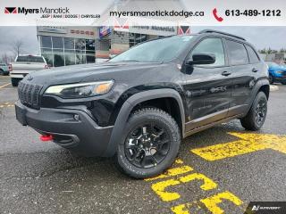 <b>Off-Road Package,  Cooled Seats,  Leather Seats,  Heated Steering Wheel,  Remote Start!</b><br> <br> <br> <br>Call 613-489-1212 to speak to our friendly sales staff today, or come by the dealership!<br> <br>  This Jeep Cherokee is a mid-size SUV with excellent value thats equal parts capable, stylish, and very comfortable. <br> <br>With an exceptionally smooth ride and an award-winning interior, this Jeep Cherokee can take you anywhere in comfort and style. This Cherokee has a refined look without sacrificing its rugged presence. Experience the freedom of adventure and discover new territories with the unique and authentically crafted Jeep Cherokee. <br> <br> This diamond black crystal pearl SUV  has an automatic transmission and is powered by a  270HP 2.0L 4 Cylinder Engine.<br> <br> Our Cherokees trim level is Trailhawk. Built to take on the great outdoors, this rugged Cherokee Trailhawk features a comprehensive off-roading package that includes beefy suspension, a rear locking differential, 5 skid plates for undercarriage protection, black aluminum wheels with a full-size under-mounted spare, front and rear tow hooks, and tow equipment including trailer sway control.  Additional standard features include ventilated and heated seats with premium leather upholstery, power adjustment and lumbar support, a heated leatherette-wrapped steering wheel, deluxe sound insulation, adaptive cruise control, dual-zone front automatic air conditioning, a power liftgate for rear cargo access, and an 8.4-inch infotainment screen powered by Uconnect 4C, with smartphone integration and LTE mobile internet hotspot access. Safety features include blind spot detection, lane keeping assist with lane departure warning, front and rear collision mitigation, forward collision warning with active braking, automated parking sensors, and a rearview camera. This vehicle has been upgraded with the following features: Off-road Package,  Cooled Seats,  Leather Seats,  Heated Steering Wheel,  Remote Start,  4g Wi-fi,  Adaptive Cruise Control. <br><br> View the original window sticker for this vehicle with this url <b><a href=http://www.chrysler.com/hostd/windowsticker/getWindowStickerPdf.do?vin=1C4PJMBN6PD115703 target=_blank>http://www.chrysler.com/hostd/windowsticker/getWindowStickerPdf.do?vin=1C4PJMBN6PD115703</a></b>.<br> <br>To apply right now for financing use this link : <a href=https://CreditOnline.dealertrack.ca/Web/Default.aspx?Token=3206df1a-492e-4453-9f18-918b5245c510&Lang=en target=_blank>https://CreditOnline.dealertrack.ca/Web/Default.aspx?Token=3206df1a-492e-4453-9f18-918b5245c510&Lang=en</a><br><br> <br/> Weve discounted this vehicle $1900.    6.49% financing for 96 months. <br> Buy this vehicle now for the lowest weekly payment of <b>$179.42</b> with $0 down for 96 months @ 6.49% APR O.A.C. ( Plus applicable taxes -  $1199  fees included in price    ).  Incentives expire 2024-07-02.  See dealer for details. <br> <br>If youre looking for a Dodge, Ram, Jeep, and Chrysler dealership in Ottawa that always goes above and beyond for you, visit Myers Manotick Dodge today! Were more than just great cars. We provide the kind of world-class Dodge service experience near Kanata that will make you a Myers customer for life. And with fabulous perks like extended service hours, our 30-day tire price guarantee, the Myers No Charge Engine/Transmission for Life program, and complimentary shuttle service, its no wonder were a top choice for drivers everywhere. Get more with Myers!<br> Come by and check out our fleet of 40+ used cars and trucks and 100+ new cars and trucks for sale in Manotick.  o~o
