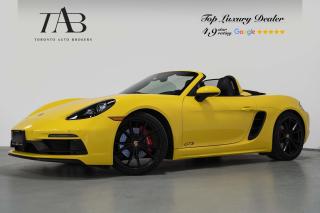 This Powerful 2019 Porsche 718 Boxster GTS Roadster is a local Ontario vehicle with a clean Carfax report. It is a high-performance roadster known for its exhilarating driving experience and impressive handling. Equipped with Porsches PDK (Porsche Doppelkupplung) dual-clutch automatic transmission, known for its lightning-fast gear changes and smooth operation.

Key Features Includes:

- GTS
- Navigation
- Bluetooth
- Roadster
- Porsche Doppelkupplung (PDK)
- Backup Camera
- GT Sport Steering Wheel
- Power Steering Wheel
- Smoking Package
- Light Design Package
- BOSE Sound System
- Sirius XM Radio
- Apple Carplay
- Front Heated Seats
- Front Ventilated Seats
- Spoiler
- Porsche Entry and Drive
- Racing Yellow
- Seat Belts in Racing Yellow
- PASM Sport Suspension
- 20" Alloy Wheels 

NOW OFFERING 3 MONTH DEFERRED FINANCING PAYMENTS ON APPROVED CREDIT.

 Looking for a top-rated pre-owned luxury car dealership in the GTA? Look no further than Toronto Auto Brokers (TAB)! Were proud to have won multiple awards, including the 2023 GTA Top Choice Luxury Pre Owned Dealership Award, 2023 CarGurus Top Rated Dealer, 2023 CBRB Dealer Award, the 2023 Three Best Rated Dealer Award, and many more!

With 30 years of experience serving the Greater Toronto Area, TAB is a respected and trusted name in the pre-owned luxury car industry. Our 30,000 sq.Ft indoor showroom is home to a wide range of luxury vehicles from top brands like BMW, Mercedes-Benz, Audi, Porsche, Land Rover, Jaguar, Aston Martin, Bentley, Maserati, and more. And we dont just serve the GTA, were proud to offer our services to all cities in Canada, including Vancouver, Montreal, Calgary, Edmonton, Winnipeg, Saskatchewan, Halifax, and more.

At TAB, were committed to providing a no-pressure environment and honest work ethics. As a family-owned and operated business, we treat every customer like family and ensure that every interaction is a positive one. Come experience the TAB Lifestyle at its truest form, luxury car buying has never been more enjoyable and exciting!

We offer a variety of services to make your purchase experience as easy and stress-free as possible. From competitive and simple financing and leasing options to extended warranties, aftermarket services, and full history reports on every vehicle, we have everything you need to make an informed decision. We welcome every trade, even if youre just looking to sell your car without buying, and when it comes to financing or leasing, we offer same day approvals, with access to over 50 lenders, including all of the banks in Canada. Feel free to check out your own Equifax credit score without affecting your credit score, simply click on the Equifax tab above and see if you qualify.

So if youre looking for a luxury pre-owned car dealership in Toronto, look no further than TAB! We proudly serve the GTA, including Toronto, Etobicoke, Woodbridge, North York, York Region, Vaughan, Thornhill, Richmond Hill, Mississauga, Scarborough, Markham, Oshawa, Peteborough, Hamilton, Newmarket, Orangeville, Aurora, Brantford, Barrie, Kitchener, Niagara Falls, Oakville, Cambridge, Kitchener, Waterloo, Guelph, London, Windsor, Orillia, Pickering, Ajax, Whitby, Durham, Cobourg, Belleville, Kingston, Ottawa, Montreal, Vancouver, Winnipeg, Calgary, Edmonton, Regina, Halifax, and more.

Call us today or visit our website to learn more about our inventory and services. And remember, all prices exclude applicable taxes and licensing, and vehicles can be certified at an additional cost of $699.