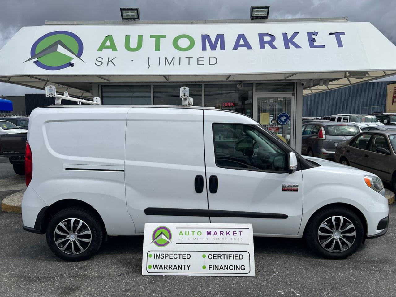 HUGE SELECTION OF CARGO VANS! <br /><br />CALL OR TEXT KARL @ 6-0-4-2-5-0-8-6-4-6 FOR INFO & TO CONFIRM WHICH LOCATION.<br /><br />VERY NICE RAM PROMASTER CITY CARGO VAN ALREADY SET UP WITH A LADDER/ROOF RACK AND SHELVING INSIDE. FULLY INSPECTED AND READY TO GO TO WORK. LOCAL VAN, NO ACCIDENT CLAIMS. TIRES ARE LIKE NEW AND THERE IS TONS OF LIFE LEFT ON THE BRAKES. IT NEEDS NOTHING. STOP BUY TO SEE A OUR LARGE INVENTORY OF GREAT CONDITION, CLEAN CARGO VANS<br /><br />2 LOCATIONS TO SERVE YOU, BE SURE TO CALL FIRST TO CONFIRM WHERE THE VEHICLE IS.<br /><br />We are a family owned and operated business since 1983 and we are committed to offering outstanding vehicles backed by exceptional customer service, now and in the future.<br />Whatever your specific needs may be, we will custom tailor your purchase exactly how you want or need it to be. All you have to do is give us a call and we will happily walk you through all the steps with no stress and no pressure.<br /><br />                                            WE ARE THE HOUSE OF YES!<br /><br />ADDITIONAL BENEFITS WHEN BUYING FROM SK AUTOMARKET:<br /><br />-ON SITE FINANCING THROUGH OUR 17 AFFILIATED BANKS AND VEHICLE                                                                                                                      FINANCE COMPANIES.<br />-IN HOUSE LEASE TO OWN PROGRAM.<br />-EVERY VEHICLE HAS UNDERGONE A 120 POINT COMPREHENSIVE INSPECTION.<br />-EVERY PURCHASE INCLUDES A FREE POWERTRAIN WARRANTY.<br />-EVERY VEHICLE INCLUDES A COMPLIMENTARY BCAA MEMBERSHIP FOR YOUR SECURITY.<br />-EVERY VEHICLE INCLUDES A CARFAX AND ICBC DAMAGE REPORT.<br />-EVERY VEHICLE IS GUARANTEED LIEN FREE.<br />-DISCOUNTED RATES ON PARTS AND SERVICE FOR YOUR NEW CAR AND ANY OTHER   FAMILY CARS THAT NEED WORK NOW AND IN THE FUTURE.<br />-40 YEARS IN THE VEHICLE SALES INDUSTRY.<br />-A+++ MEMBER OF THE BETTER BUSINESS BUREAU.<br />-RATED TOP DEALER BY CARGURUS 2 YEARS IN A ROW<br />-MEMBER IN GOOD STANDING WITH THE VEHICLE SALES AUTHORITY OF BRITISH   COLUMBIA.<br />-MEMBER OF THE AUTOMOTIVE RETAILERS ASSOCIATION.<br />-COMMITTED CONTRIBUTOR TO OUR LOCAL COMMUNITY AND THE RESIDENTS OF BC.<br /> $495 Documentation fee and applicable taxes are in addition to advertised prices.<br />LANGLEY LOCATION DEALER# 40038<br />S. SURREY LOCATION DEALER #9987<br />