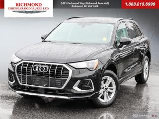 2021 Audi Q3 PREMIUM Mythos Black Metallic    ABS brakes, Alloy wheels, Electronic Stability Control, Exterior Parking Camera Rear, Front dual zone A/C, Heated door mirrors, Heated Front Bucket Seats, Heated front seats, Illuminated entry, Low tire pressure warning, Rain sensing wipers, Rear anti-roll bar, Steering wheel mounted audio controls, Tilt steering wheel, Traction control, Wheels: 7J x 17 5-Twin Spoke Design 2.      ONE OWNER 2.0L 4-Cylinder TFSI 8-Speed Automatic with Tiptronic quattro    Awards:    * ALG Canada Residual Value Awards      Richmond Chrysler Dodge Jeep wants to BUY YOUR CAR. Thats right! 1. Bring your vehicle by and let us do a no hassle, market evaluation. 2. Bring by any documents that may increase the value or your vehicle. 3. Pick up a check. Its that easy. Find out why so many others have sold us their personal vehicle.      Richmond Chrysler Dodge Jeep would like to invite you to experience our Market Value Pricing. Come see why so many people have saved money by purchasing from us. Let us show you why you made the right decision to come here. At Richmond Chrysler Dodge Jeep, WE BUY CARS. We will buy your car even if you dont buy ours! *$599 Documentation Fee and $199 Go Green Fee applicable to all used vehicles.