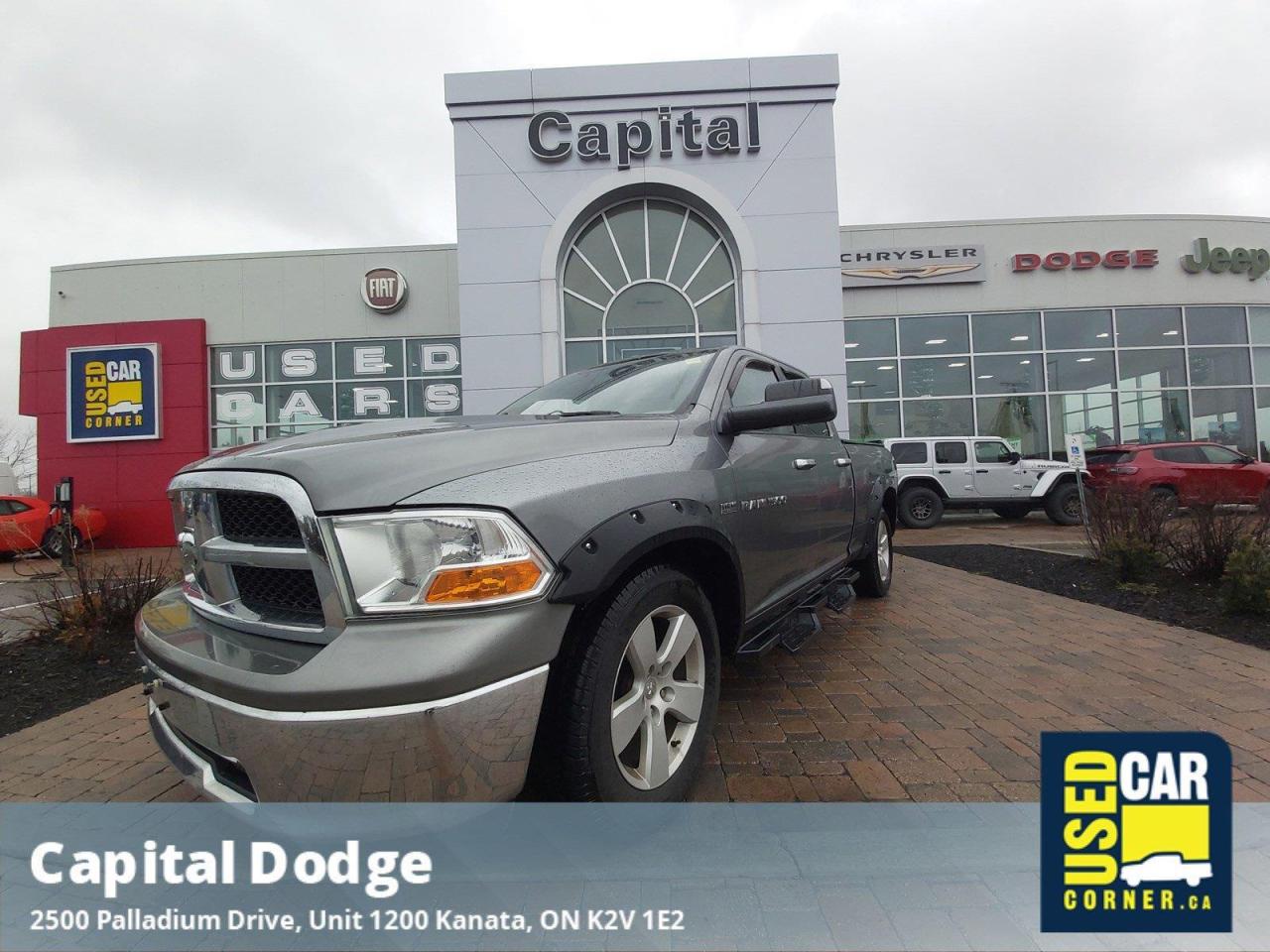 Only 120,963 Miles! This Ram 1500 delivers a Gas V8 5.7L engine powering this Automatic transmission. P275/60R20 ALL-SEASON BSW TIRES, MINERAL GRAY METALLIC, LUXURY GROUP -inc: fold-away pwr heated auto-dimming exterior mirrors w/courtesy lamps & integrated turn signals, ashtray lamp, glove box lamp, underhood lamp, rear dome lamp w/on/off switch, auto-dimming rearview mirror, sun visors w/illuminated vanity mirrors, universal garage door opener, leather-wrapped steering wheel, steering wheel mounted audio controls.* This Ram 1500 Features the Following Options *26G SLT CUSTOMER PREFERRED ORDER SELECTION PKG -inc: 5.7L V8 engine, 5-speed auto trans , DARK SLATE INTERIOR, PREMIUM CLOTH LOW BACK BUCKET SEATS -inc: 10-way pwr driver seat, pwr lumbar, 60/40 split-fold rear seat, floor-mounted auto shift lever, ash tray lamp, 115V aux pwr outlet, fold-flat load floor storage, CLASS IV RECEIVER HITCH, BLACK PWR HEATED TRAILER TOW MIRRORS -inc: courtesy lamps, turn signals, ANTI-SPIN DIFFERENTIAL REAR AXLE, 5-SPEED AUTOMATIC TRANSMISSION (STD), 5.7L V8 HEMI MULTI-DISPLACEMENT ENGINE -inc: electronically controlled throttle, electronic shift-on-demand transfer case, 3.92 REAR AXLE RATIO, 20 X 8 ALUMINUM WHEELS -inc: P275/60R20 all season BSW tires, locking lug nuts, full-size restricted use spare tire, Variable intermittent windshield wipers.* Why Buy Capital Pre-Owned *All of our pre-owned vehicles come with the balance of the factory warranty, fully detailed and the safety is completed by one of our mechanics who has been servicing vehicles with Capital Dodge for over 35 years.* Stop By Today *Come in for a quick visit at Capital Dodge Chrysler Jeep, 2500 Palladium Dr Unit 1200, Kanata, ON K2V 1E2 to claim your Ram 1500!*Call Capital Dodge Today!*Looking to schedule a test drive? Need more info? No problem - call Capital Dodge TODAY at (613) 271-7114. Capital Dodge is YOUR best choice for a variety of quality used Cars, Trucks, Vans, and SUVs in Ottawa, ON! Dont wait  Call Capital Dodge, TODAY!