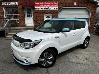 <p>Super-Clean LOW KM Kia Soul EV from Belleville, ON! This Luxury model comes loaded up with fantastic features and looks great in its White Paint and EV Blue accenting! The exterior features keyless entry with a proximity key, a power sunroof, integrated mirror turn signals, automatic headlights, foglights, a set of factory alloy EV wheels, tinted privacy glass, auto folding wing mirrors, front rock/bug deflector, an Electric motor and CVT Automatic Transmission with Brake/Charge Mode! The interior is comfortable with heated and cooled Premium Synthetic Seating for front occupants, a heated steering wheel with audio and cruise controls, power door locks, mirrors, and windows, an easy-to-read electronic gauge cluster, central touch screen AM/FM/XM Radio with Factory Navigation, Bluetooth, Apple CarPlay, Android Auto, Backup Camera, and EV info screen to help you plan your trips, A/C Climate control for the driver or all occupants as needed, front and rear window defrost settings, push-button start, parking sensors, USB/AUX/12V accessory ports and more! This is a perfect planned commuter or student vehicle with a great range for around-town driving!</p><p> </p><p>Carfax Claims Free, LOW KM!</p><p> </p><p>Call (905) 623-2906</p><p> </p><p>Text Ryan: (905) 429-9680 or Email: ryan@markrainford.ca</p><p> </p><p>Text Mark: (905) 431-0966 or Email: mark@markrainford.ca</p>