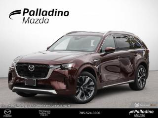<b>Cooled Seats,  Navigation,  Leather Seats,  360 Camera,  Sunroof!</b><br> <br> <br> <br>  Representing Mazdas boldest and most powerful vehicle yet, this all-new 2024 CX-90 is engineering to stir emotion. <br> <br>Crafted as the ultimate expression of Mazdas ethos, this all-new Mazda CX-90 is designed to amplify and elevate the luxury SUV experience. This flagship three-row SUV has been carefully engineered to appeal to your senses, with carefully curated build materials that convey a message of ultimate refinement. With a harmonious blend of unrivaled form and unmatched function, this SUV stands in a class of its own.<br> <br> This artisan red metallic SUV  has an automatic transmission and is powered by a  3.3L I6 24V GDI DOHC Turbo engine.<br> <br> Our CX-90 MHEVs trim level is Signature. This range-topping CX-90 Signature offers even more, with ventilated and heated front seats, premium Nappa leather upholstery, inbuilt navigation, a Bose Premium Audio system with noise compensation tech, wireless mobile device charging, SiriusXM, and a 360-degree surround view camera system. Other standard features include upgraded alloy wheels, heated second-row seats, a power liftgate for rear cargo access, auto-levelling LED headlights with automatic high beams, towing equipment with trailer sway control, adaptive cruise control, and smart device remote engine start. Interior features include a drivers heads up display, a heated leather-wrapped steering wheel, synthetic leather upholstery, dual-zone climate control with separate rear controls, a Mazda Harmonic Acoustics 8-speaker setup, and an upgraded 12.3-inch infotainment screen with Apple CarPlay and Android Auto, and MAZDA CONNECT. Safety on the road is assured, thanks to Advanced Blind Spot Monitoring, lane keeping assist with lane departure warning, forward collision mitigation, and smart city brake support with rear cross traffic alert. This vehicle has been upgraded with the following features: Cooled Seats,  Navigation,  Leather Seats,  360 Camera,  Sunroof,  Premium Audio,  Wireless Charging. <br><br> <br>To apply right now for financing use this link : <a href=https://www.palladinomazda.ca/finance/ target=_blank>https://www.palladinomazda.ca/finance/</a><br><br> <br/>    Incentives expire 2024-07-02.  See dealer for details. <br> <br>Palladino Mazda in Sudbury Ontario is your ultimate resource for new Mazda vehicles and used Mazda vehicles. We not only offer our clients a large selection of top quality, affordable Mazda models, but we do so with uncompromising customer service and professionalism. We takes pride in representing one of Canadas premier automotive brands. Mazda models lead the way in terms of affordability, reliability, performance, and fuel efficiency.<br> Come by and check out our fleet of 90+ used cars and trucks and 90+ new cars and trucks for sale in Sudbury.  o~o