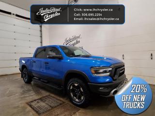 <b>Off-Road Suspension,  SiriusXM,  Apple CarPlay,  Android Auto,  Navigation!</b><br> <br> <br> <br>  Make light work of tough jobs in this 2023 Ram 1500, with exceptional towing, torque and payload capability. <br> <br>The Ram 1500s unmatched luxury transcends traditional pickups without compromising its capability. Loaded with best-in-class features, its easy to see why the Ram 1500 is so popular. With the most towing and hauling capability in a Ram 1500, as well as improved efficiency and exceptional capability, this truck has the grit to take on any task.<br> <br> This blue Crew Cab 4X4 pickup   has a 8 speed automatic transmission and is powered by a  395HP 5.7L 8 Cylinder Engine.<br> <br> Our 1500s trim level is Rebel. Bold and unapologetic, this Ram 1500 Rebel features beefy off-road suspension including Bilstein dampers, skid plates for underbody protection, gloss black wheels, front fog lamps, power-folding exterior mirrors with courtesy lamps, and black fender flares, with front bumper tow hooks. The standard features continue, with power-adjustable heated front seats with lumbar support, dual-zone climate control, power-adjustable pedals, deluxe sound insulation, and a leather-wrapped steering wheel. Connectivity is handled by an upgraded 8.4-inch display powered by Uconnect 5 with inbuilt navigation, mobile internet hotspot access, Apple CarPlay, Android Auto and SiriusXM streaming radio. Additional features include a power rear window with defrosting, class II towing equipment including a hitch, wiring harness and trailer sway control, heavy-duty suspension, cargo box lighting, and a locking tailgate. This vehicle has been upgraded with the following features: Off-road Suspension,  Siriusxm,  Apple Carplay,  Android Auto,  Navigation,  Heated Seats,  4g Wi-fi. <br><br> View the original window sticker for this vehicle with this url <b><a href=http://www.chrysler.com/hostd/windowsticker/getWindowStickerPdf.do?vin=1C6SRFLT9PN680170 target=_blank>http://www.chrysler.com/hostd/windowsticker/getWindowStickerPdf.do?vin=1C6SRFLT9PN680170</a></b>.<br> <br>To apply right now for financing use this link : <a href=https://www.indianheadchrysler.com/finance/ target=_blank>https://www.indianheadchrysler.com/finance/</a><br><br> <br/> Weve discounted this vehicle $12149. See dealer for details. <br> <br>At Indian Head Chrysler Dodge Jeep Ram Ltd., we treat our customers like family. That is why we have some of the highest reviews in Saskatchewan for a car dealership!  Every used vehicle we sell comes with a limited lifetime warranty on covered components, as long as you keep up to date on all of your recommended maintenance. We even offer exclusive financing rates right at our dealership so you dont have to deal with the banks.
You can find us at 501 Johnston Ave in Indian Head, Saskatchewan-- visible from the TransCanada Highway and only 35 minutes east of Regina. Distance doesnt have to be an issue, ask us about our delivery options!

Call: 306.695.2254<br> Come by and check out our fleet of 30+ used cars and trucks and 80+ new cars and trucks for sale in Indian Head.  o~o
